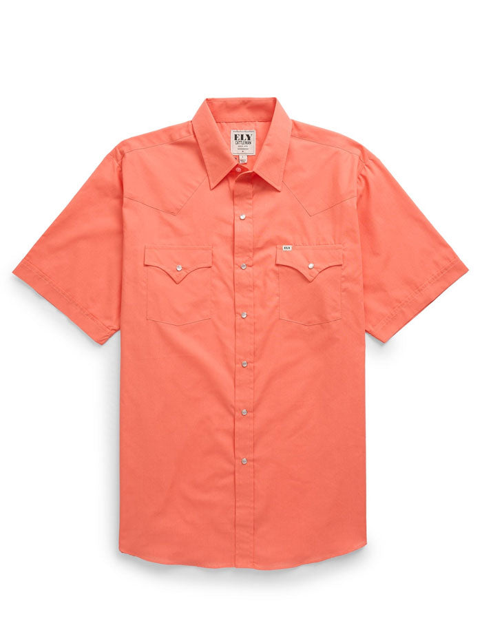 Ely Cattleman 201605 54 Men's Short Sleeve Solid Western Shirt Coral - Perfect for Rodeo, Country Music Festivals & Casual Western Wear