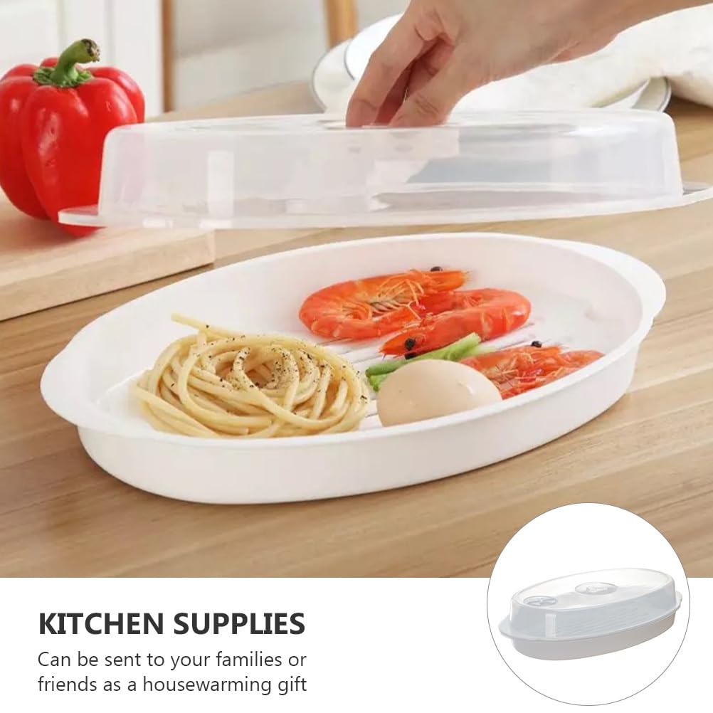 Cabilock Microwave Steamer Container with Plastic Lid - 32x19.3x7.5cm Food Steamer Plate for Fish, Buns, Dumplings & Bread - Perfect for Quick Healthy Meals, Meal Prep & Reheating Leftovers