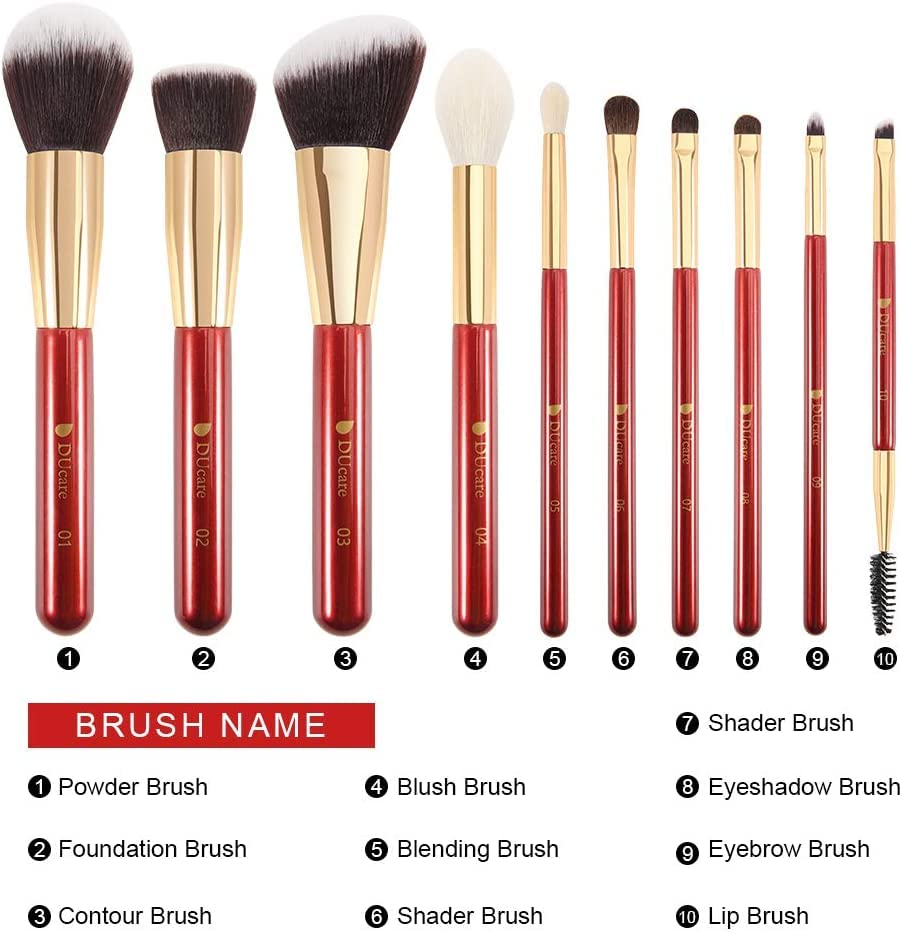 DUcare 10-Piece Premium Makeup Brush Set - Red Synthetic Kabuki, Foundation & Eye Brushes with Travel Case | Perfect for Professional Makeup Artists & Beginners | Home Use, Travel & Salon Makeup Application