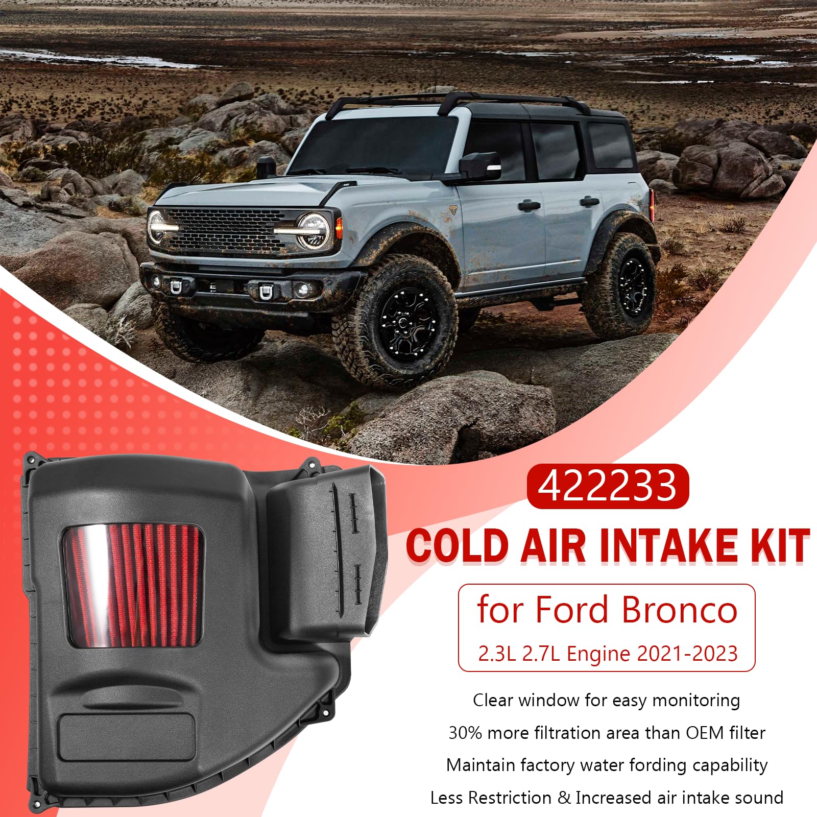 High Performance Cold Air Intake Kit for 2021-2023 Ford Bronco 2.3L & 2.7L Engine - Enhanced Air Induction System | Off-Road & Street Racing Upgrade