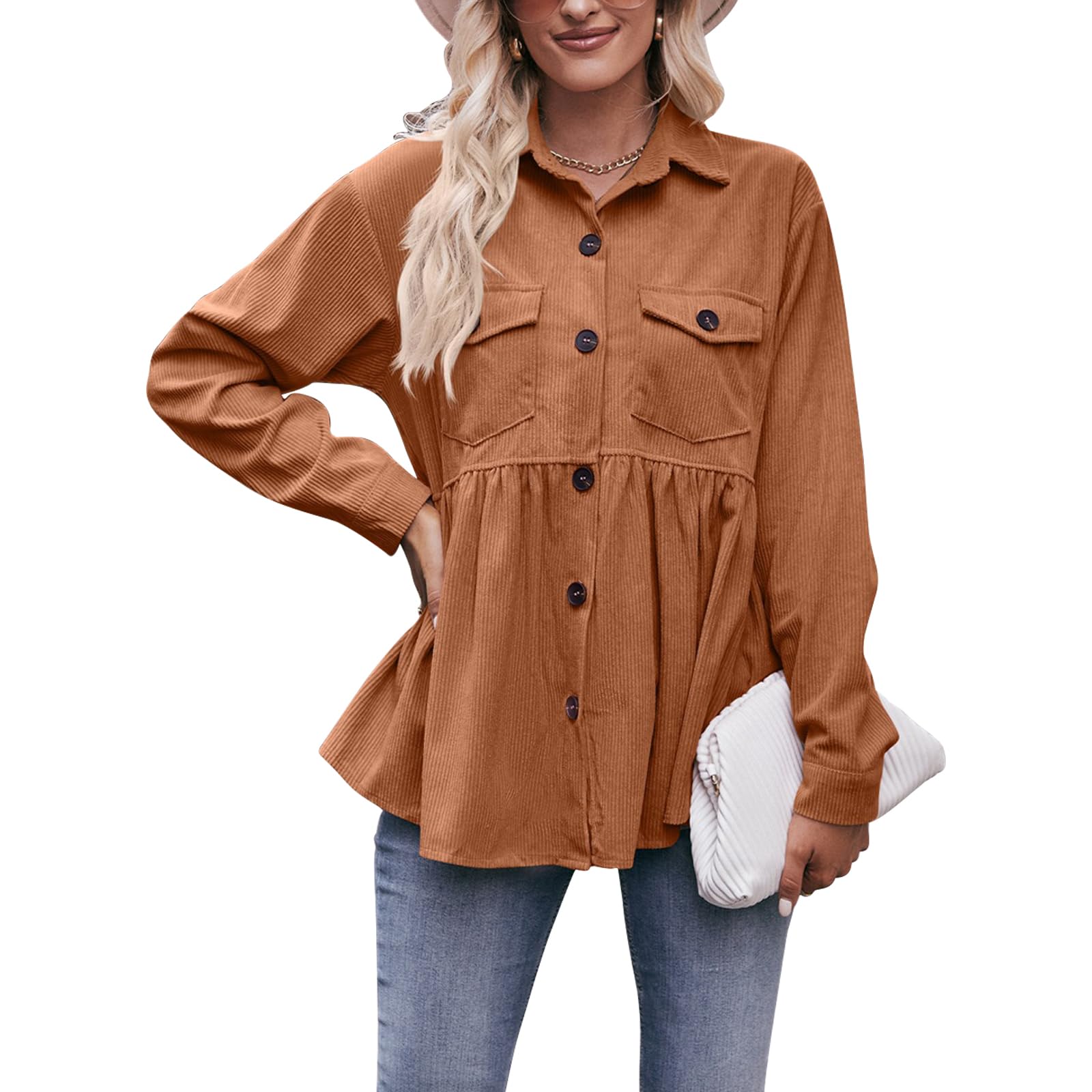 TICIFEN Women's Corduroy Shirt - Long Sleeve Button Down Blouse, Cute Peplum Babydoll Tunic Dress Shirt & Loose Jacket Shacket for Casual Outfits, Workwear & Fall Fashion