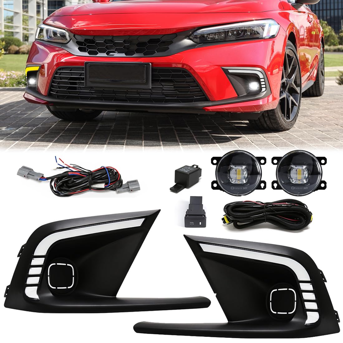 2021-2023 Honda Civic LED Daytime Running Lights (DRL) - Tri-Color Fog Lights with White LED Bulbs & L-Style Bezel - Upgrade for Enhanced Visibility & Style (Perfect for Night Driving & Custom Car Mods)