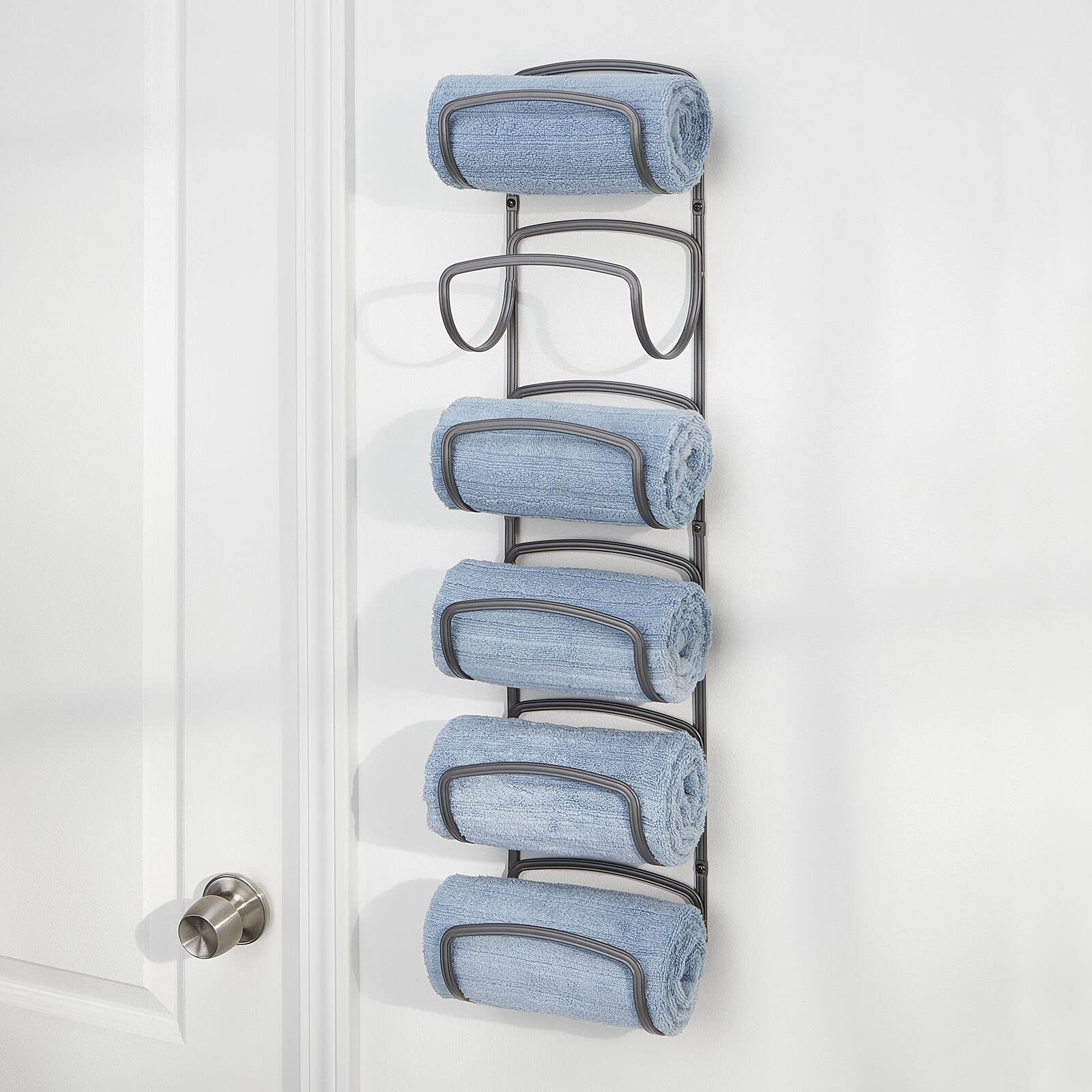 mDesign Steel Wall Mounted Towel Holder - 6-Tier Bathroom Towel Organizer for Rolled Towels - Space Saving Storage Rack - Hyde Collection in Graphite Gray - Perfect for Small Bathrooms, Laundry Rooms & Spa Areas