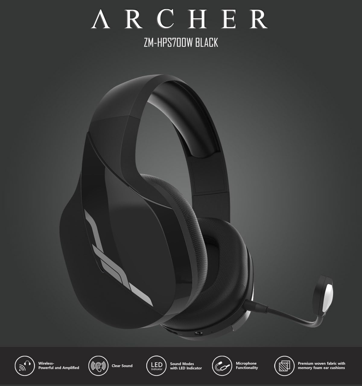 Zalman HPS700 Archer Wireless Gaming Headset with Detachable Mic, LED Indicator, USB-C Charging & Memory Foam Ear Cushions - Perfect for PC Gaming, Music Streaming & Online Meetings (Black)