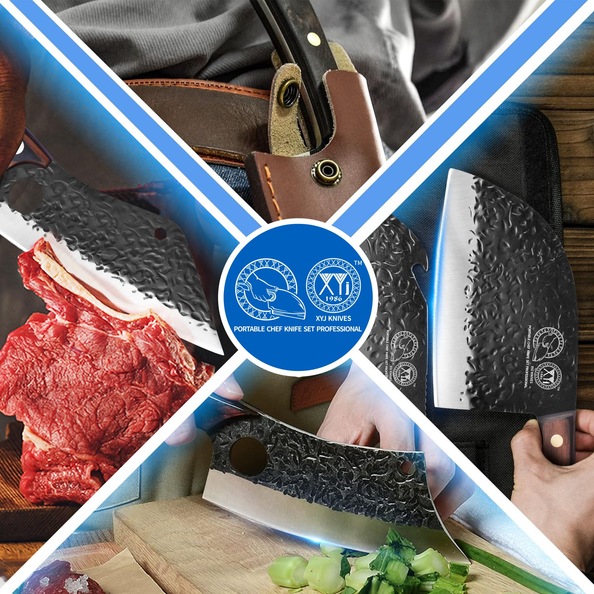 XYJ 7-Piece Premium Camping Knife Set with Roll Bag, Sheath & Sharpener - Full Tang Chef, Boning & Butcher Knives for Outdoor Cooking & Survival - Perfect for Camping, Hunting & BBQ Prep