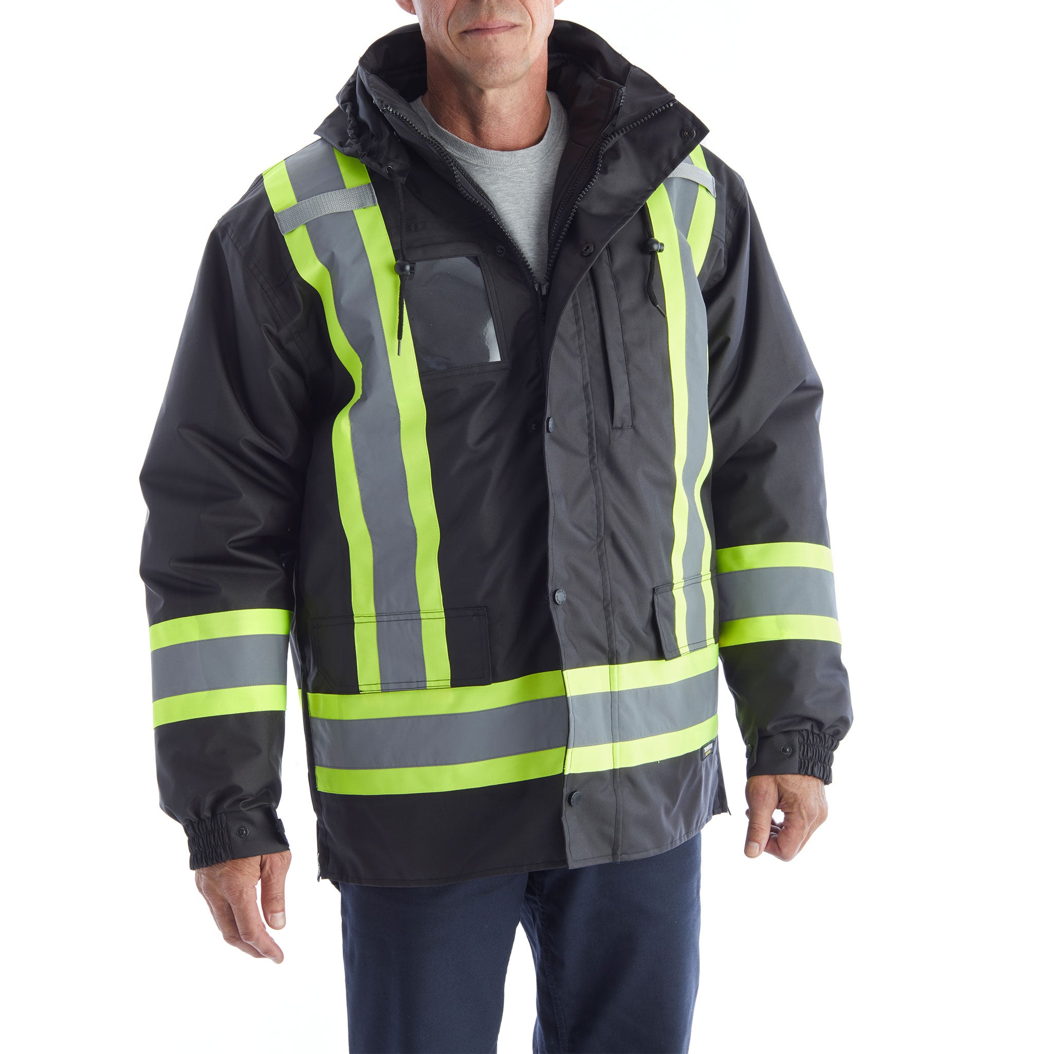 Terra Hi-Vis 7-in-1 Winter Work Jacket with Reflective Strips - Heavy Duty Cold Weather Safety Jacket for Construction & Outdoor Work - Black (Model 116501) | Ideal for Snow Removal, Road Work & Emergency Services