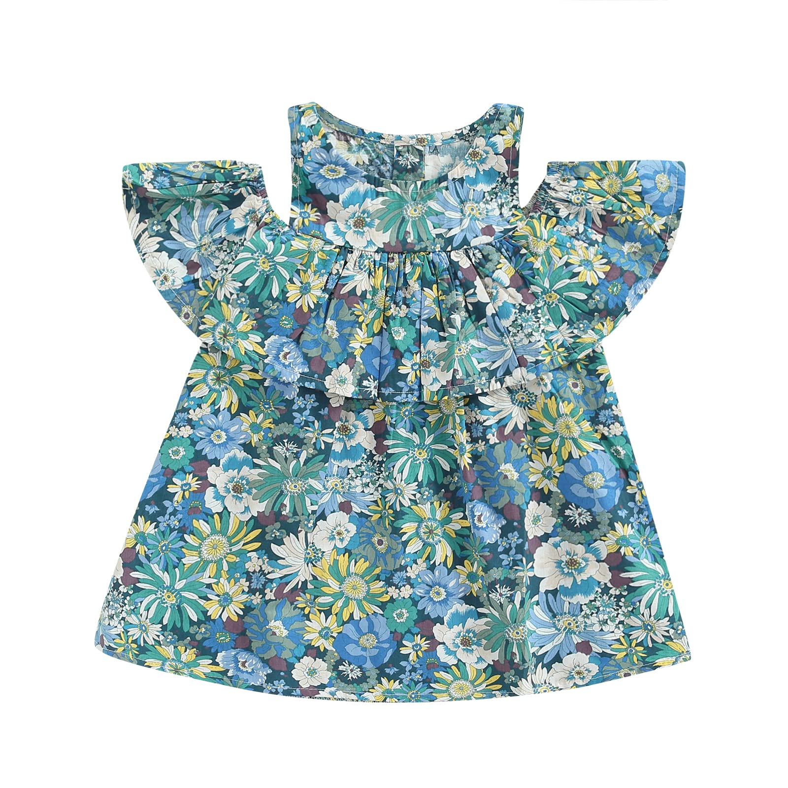 Wociccou Girls' Floral Print Ruffled Sleeveless Dress - Cold Shoulder Round Neck Casual Summer Dress for Toddler Kids - Perfect for Birthday Parties, Playdates & Outdoor Activities