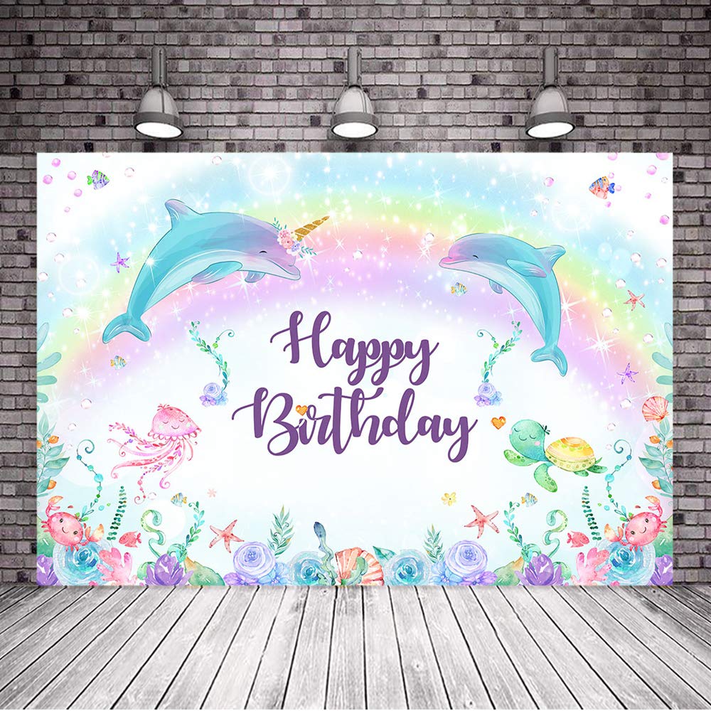Under The Sea Backdrop for Girls - 7x5ft Purple Floral Glitter Bubble Rainbow Dolphin Vinyl Background | Perfect for Birthday Parties, Baby Showers & Underwater Themed Events