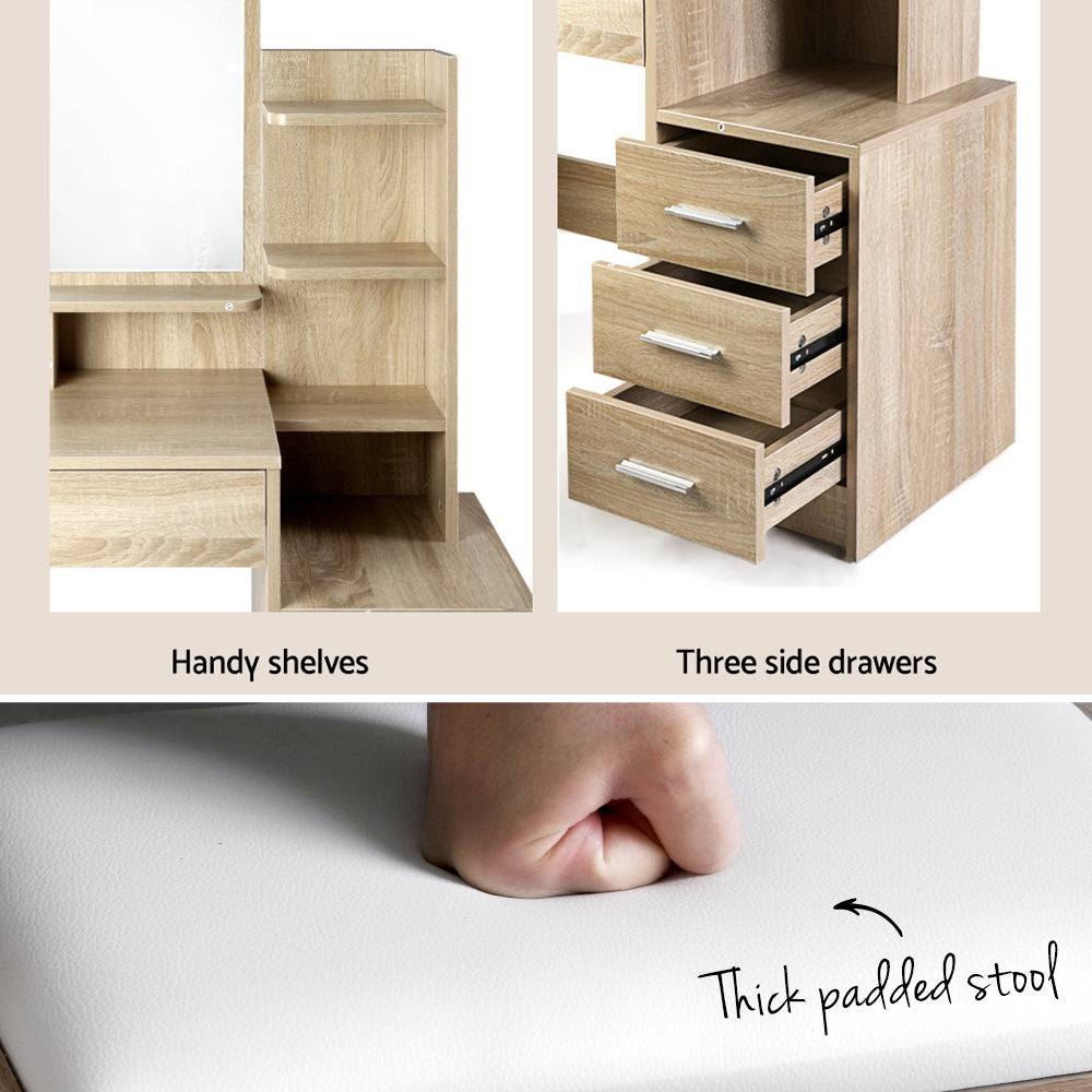Vanity Makeup Desk Set with Mirror, Stool & Organizer Drawer - Solid Oak Dressing Table for Bedroom & Bathroom