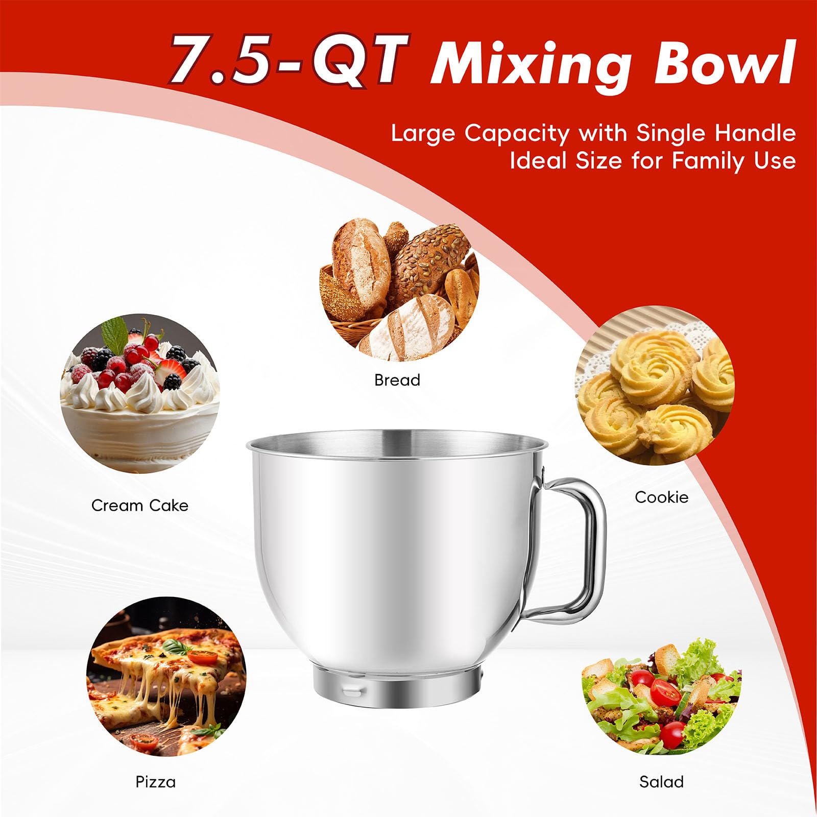 900W 7.5QT Stand Mixer - 6-Speed Tilt-Head Electric Mixer with Dough Hook for Baking (Red) - Perfect for Home Kitchens & Bakeries