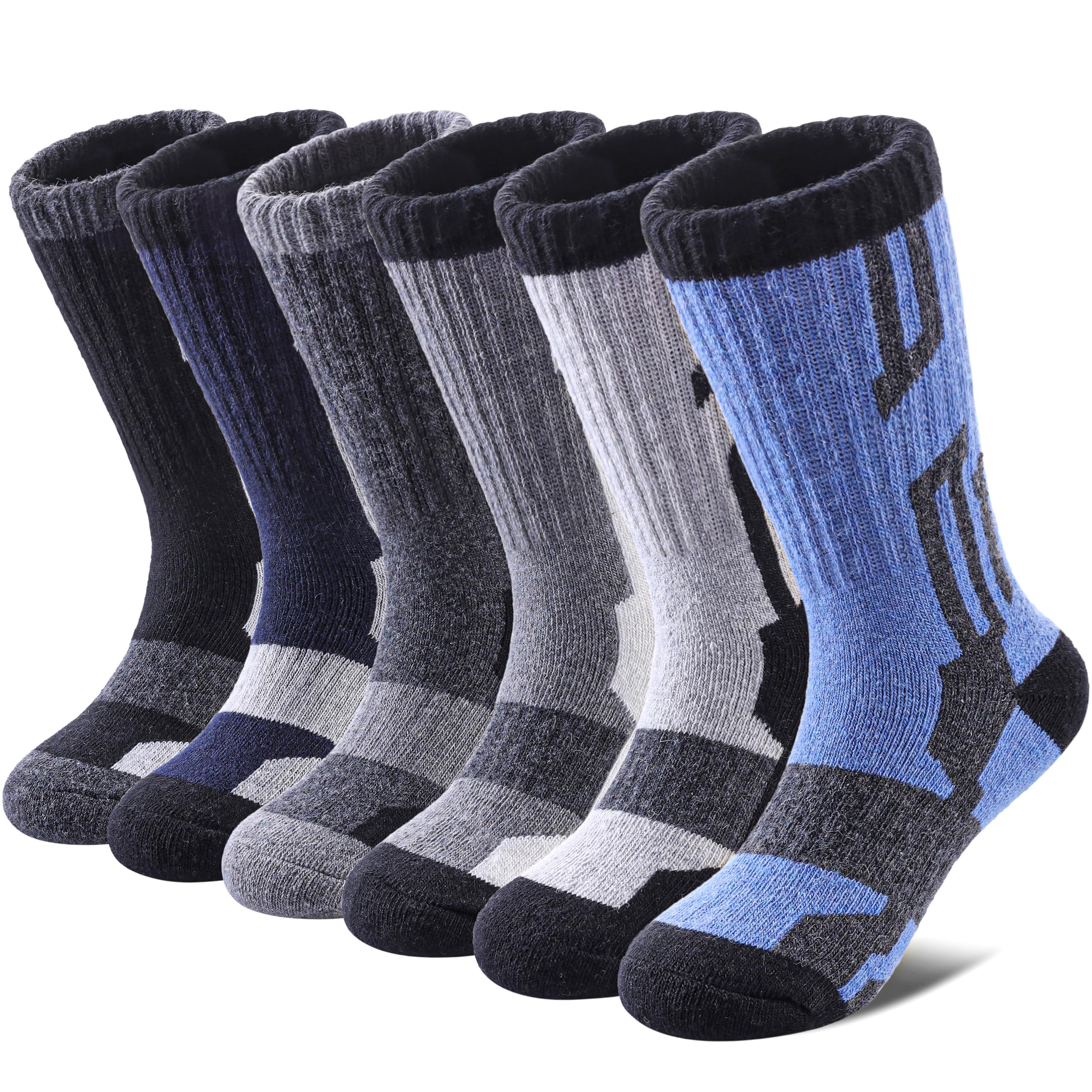Yebing Kids Merino Wool Hiking Socks for Boys & Girls - Warm Winter Thermal Boot Crew Socks with Thick Cushion (6 Pairs) - Perfect for Outdoor Adventures, Skiing, and Cold Weather Play
