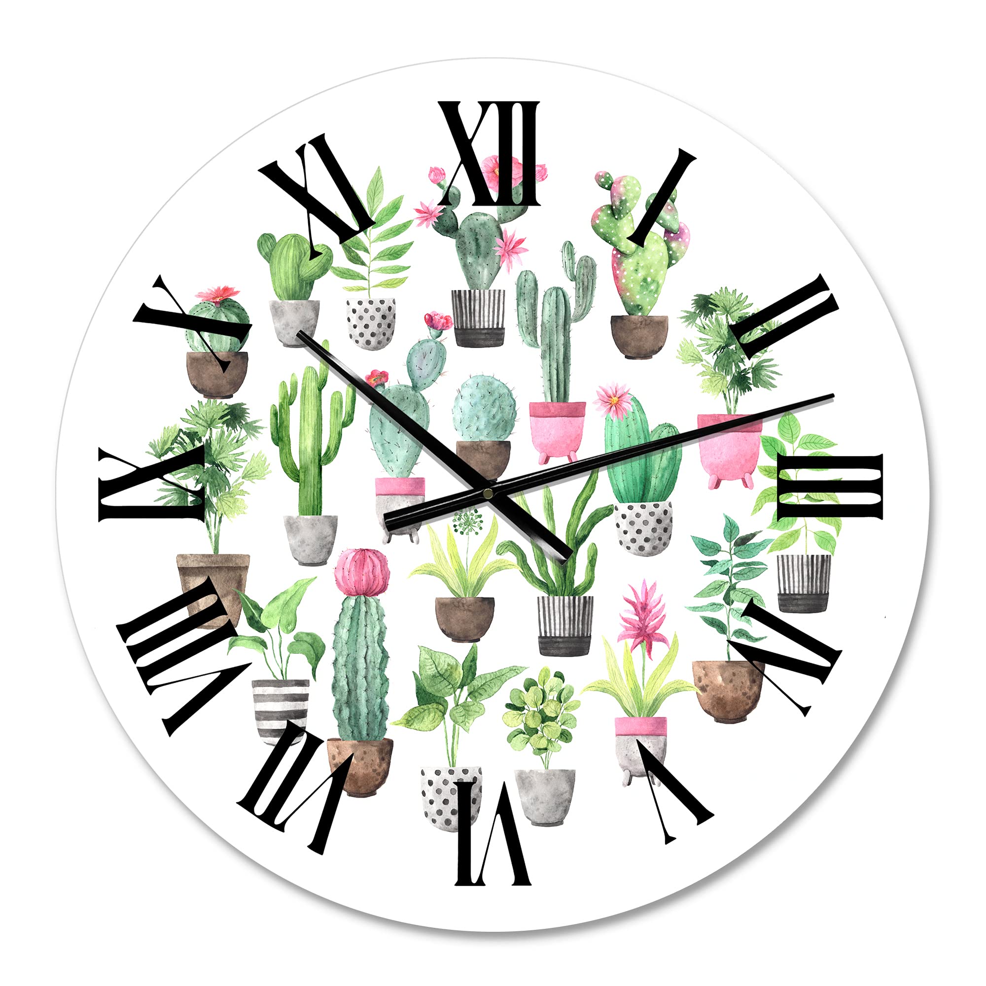 DesignQ Traditional Wall Clock - Cacti in Ceramic Pots with Gentle Tones II, Large Floral Botanical Wall Clock for Kitchen, Living Room, Bedroom & Office Decor