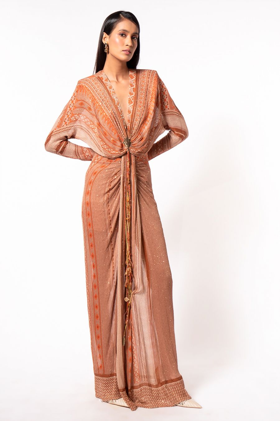 Elegant Dark Beige Floral Print Draped Maxi Dress for Women - Perfect for Beach Vacations, Summer Parties & Date Nights