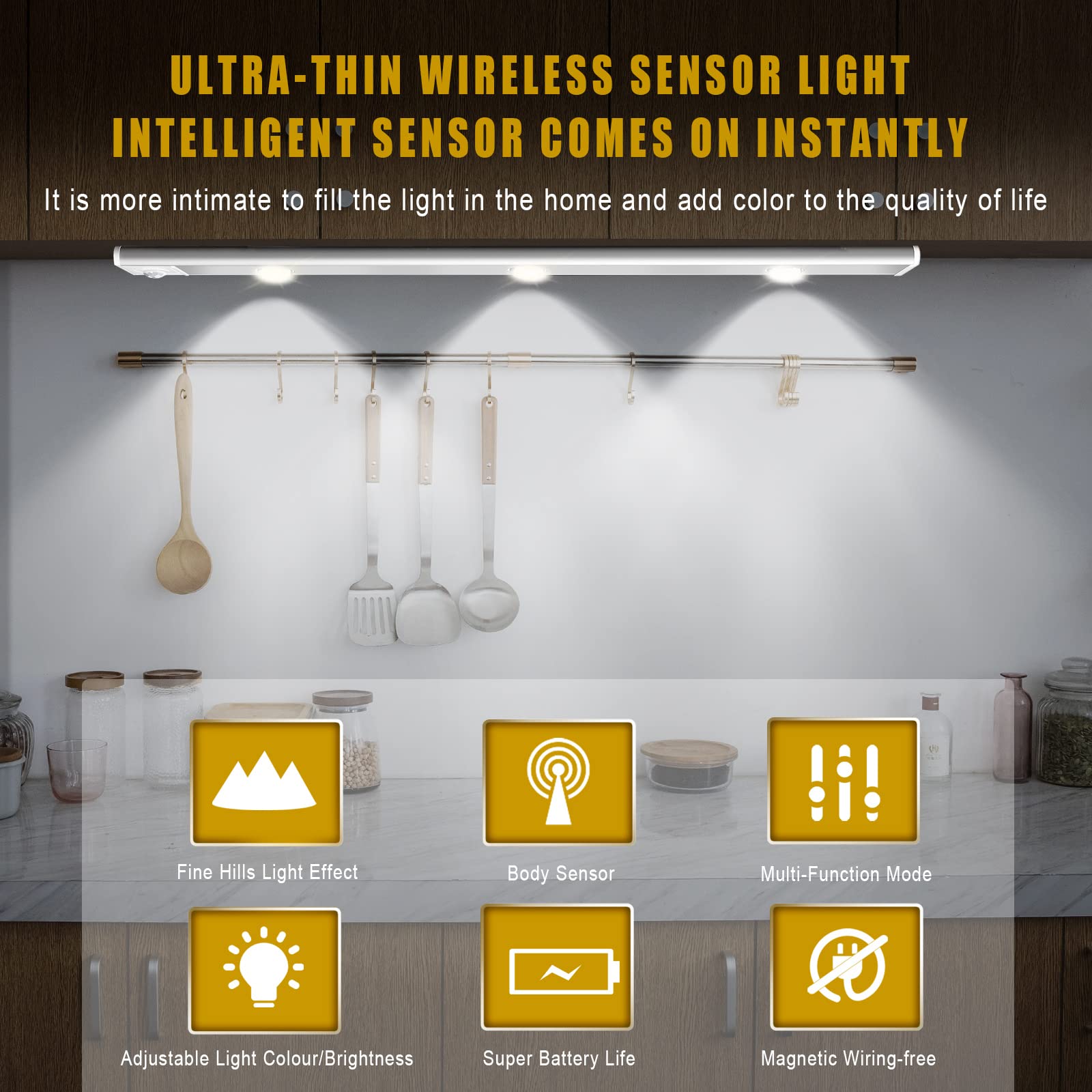Under Cabinet Lights - 3 Color Dimmable LED Motion Sensor Closet Lighting, Rechargeable Wireless Magnetic Night Light for Kitchen, Wardrobe, Cabinet & Cupboard (40cm) - Perfect for Dark Spaces, Pantry Organization & Nighttime Safety