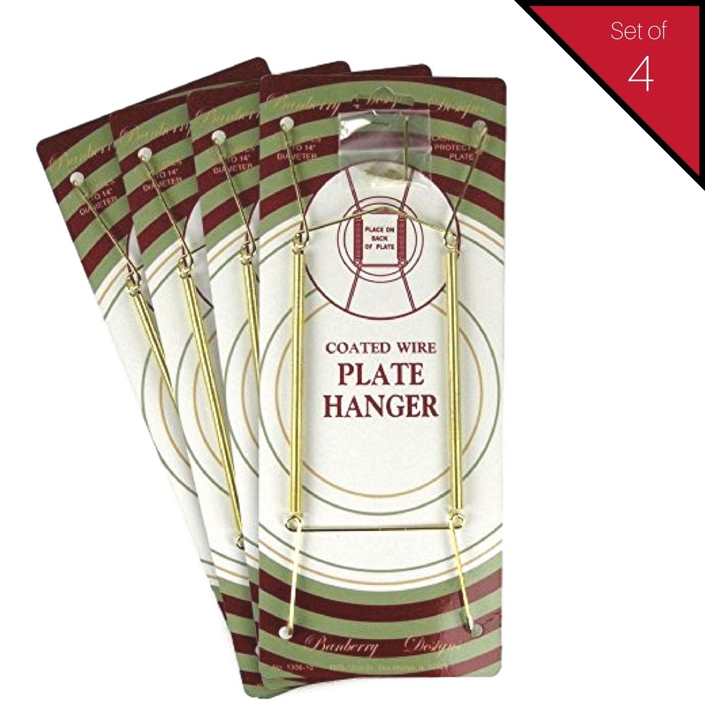 4-Pack Brass Vinyl Coated Plate Hangers (10-14 Inch) - Heavy Duty Wall Plate Display Hooks for Kitchen, Dining Room & Home Decor