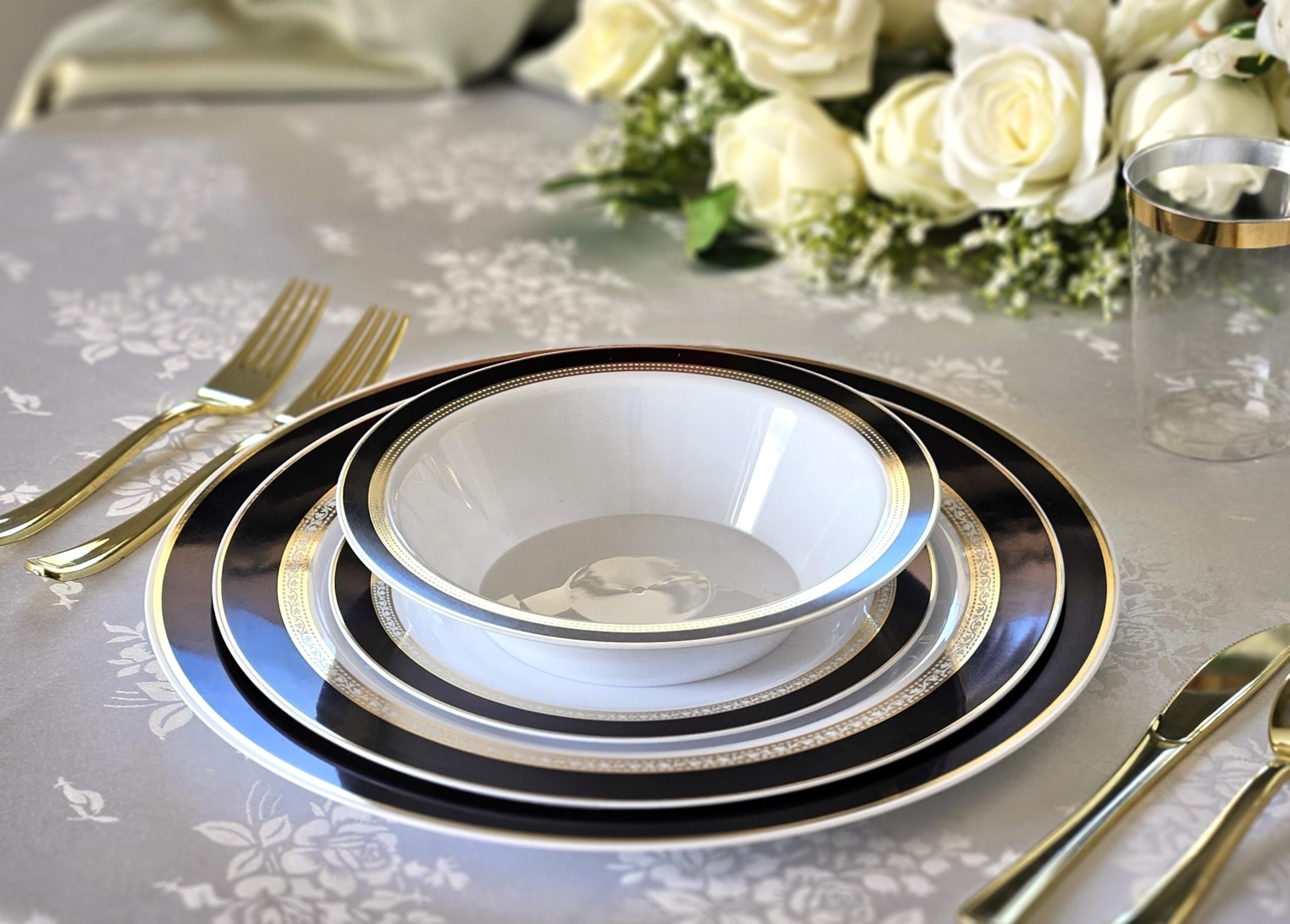 40-Pack Heavyweight Disposable Plastic Plates for Weddings & Parties - 10.5'' Elegant Black & Gold Dinner Plates - Perfect for Formal Events, Catering, and Special Occasions