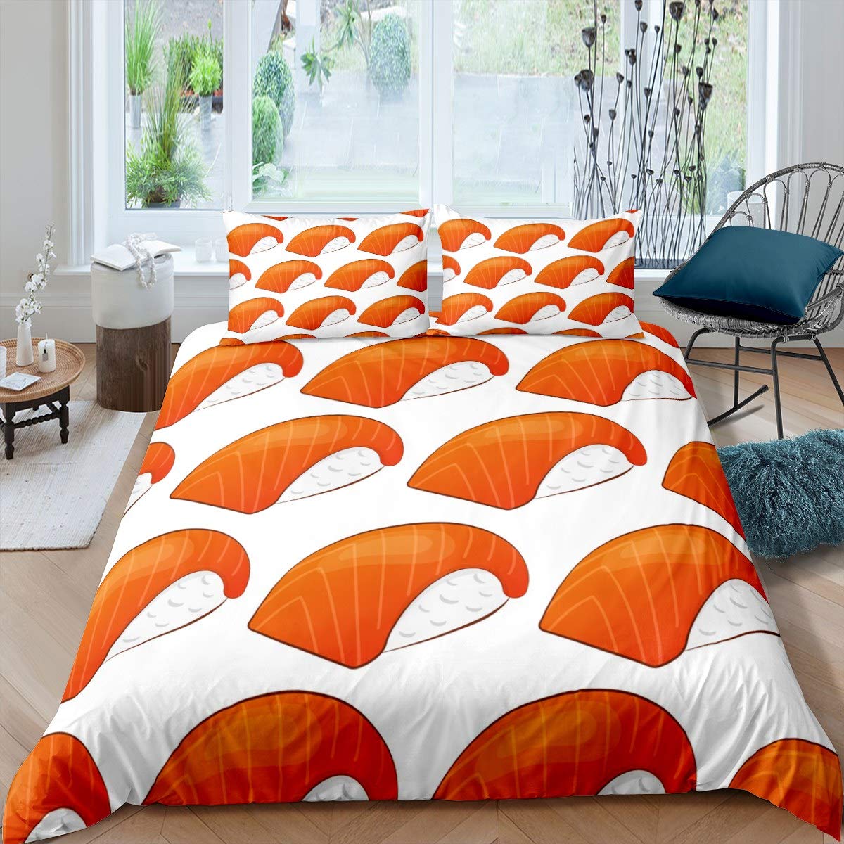 Feelyou Sushi Duvet Cover Set - Japanese Style Rhythmic Sushi Rolls Bedding for Kids (Boys & Girls) - Cute Twin Size Comforter Cover 2Pcs - Perfect for Themed Bedrooms, Sleepovers & Anime Lovers