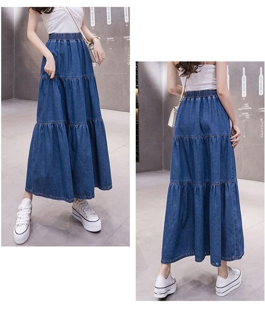 Women's A-Line Flare Denim Jean Skirt with Ruffle Hem & Elastic Waist - Casual Long Skirt for Women, Perfect for Spring, Summer, and Fall Outfits