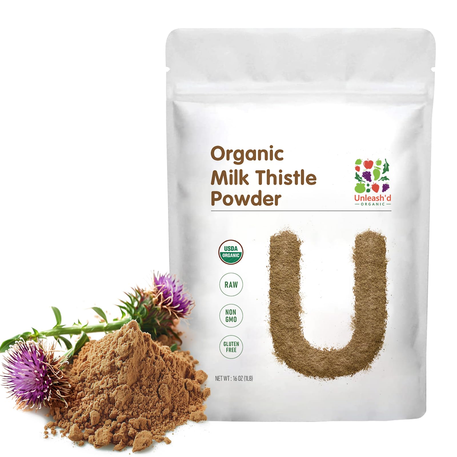 UNLEASH'D ORGANIC Milk Thistle Powder 16 oz - 100% Pure Organic Silymarin Supplement for Liver Support & Antioxidant Boost - Perfect for Detox, Immune Health & Wellness Drinks