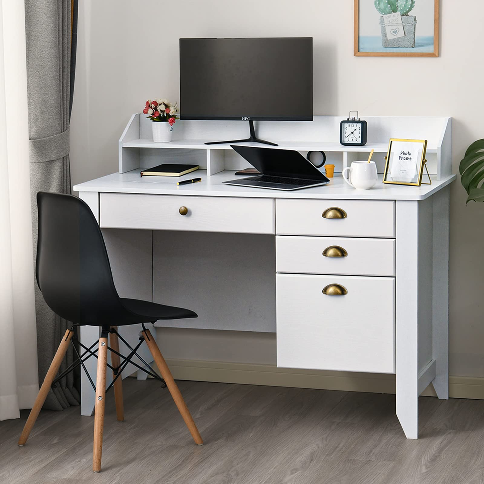 Farmhouse Style White Computer Desk with 4 Storage Drawers & Shelves - Vintage Home Office Desk for Teens, Small Spaces - Perfect for Bedroom Study, Remote Work & Writing Tasks