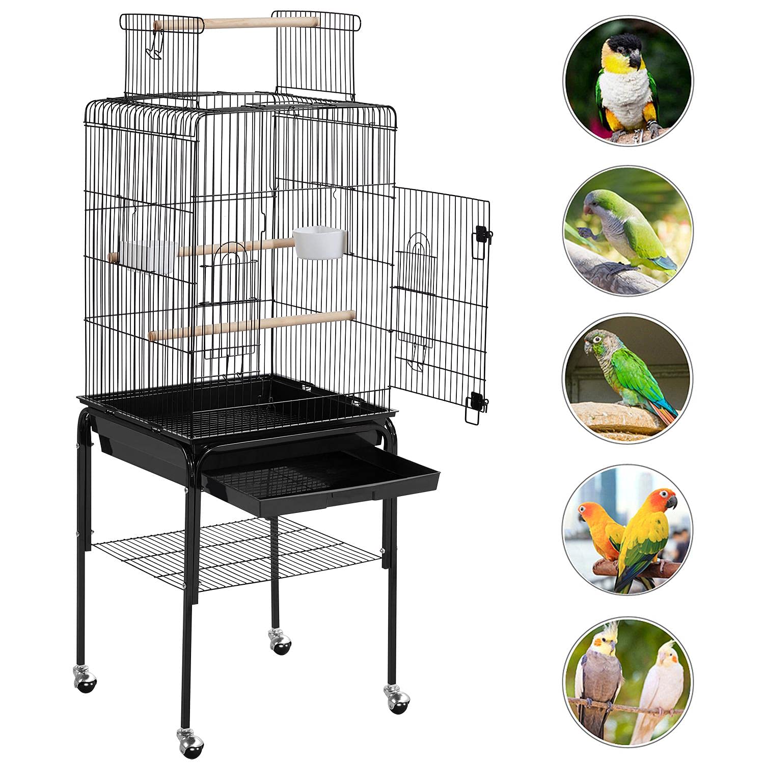 Yaheetech Open Top Rolling Parrot Cage for Cockatiels, Sun Conures & Green Cheek Parakeets - Medium Bird Cage with Detachable Stand - Perfect for Home, Office & Pet Store Use