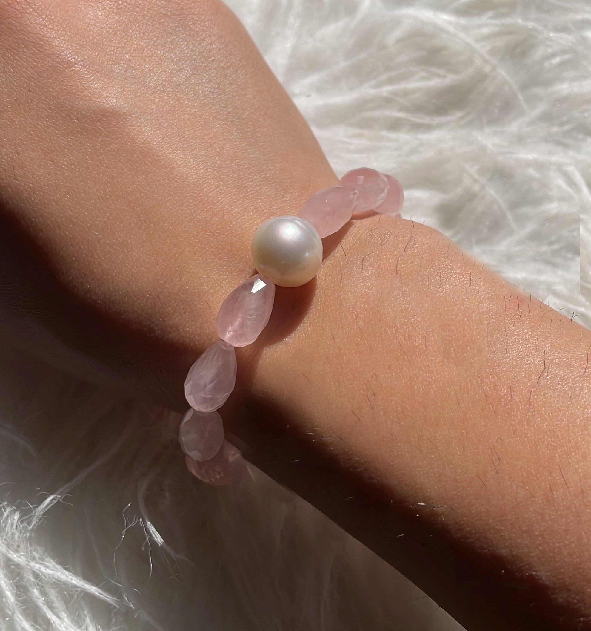 Rose Quartz Faceted Bead & Pearl Gemstone Bracelet - Healing Crystal Jewelry for Women - Perfect for Meditation, Yoga & Spiritual Gifts