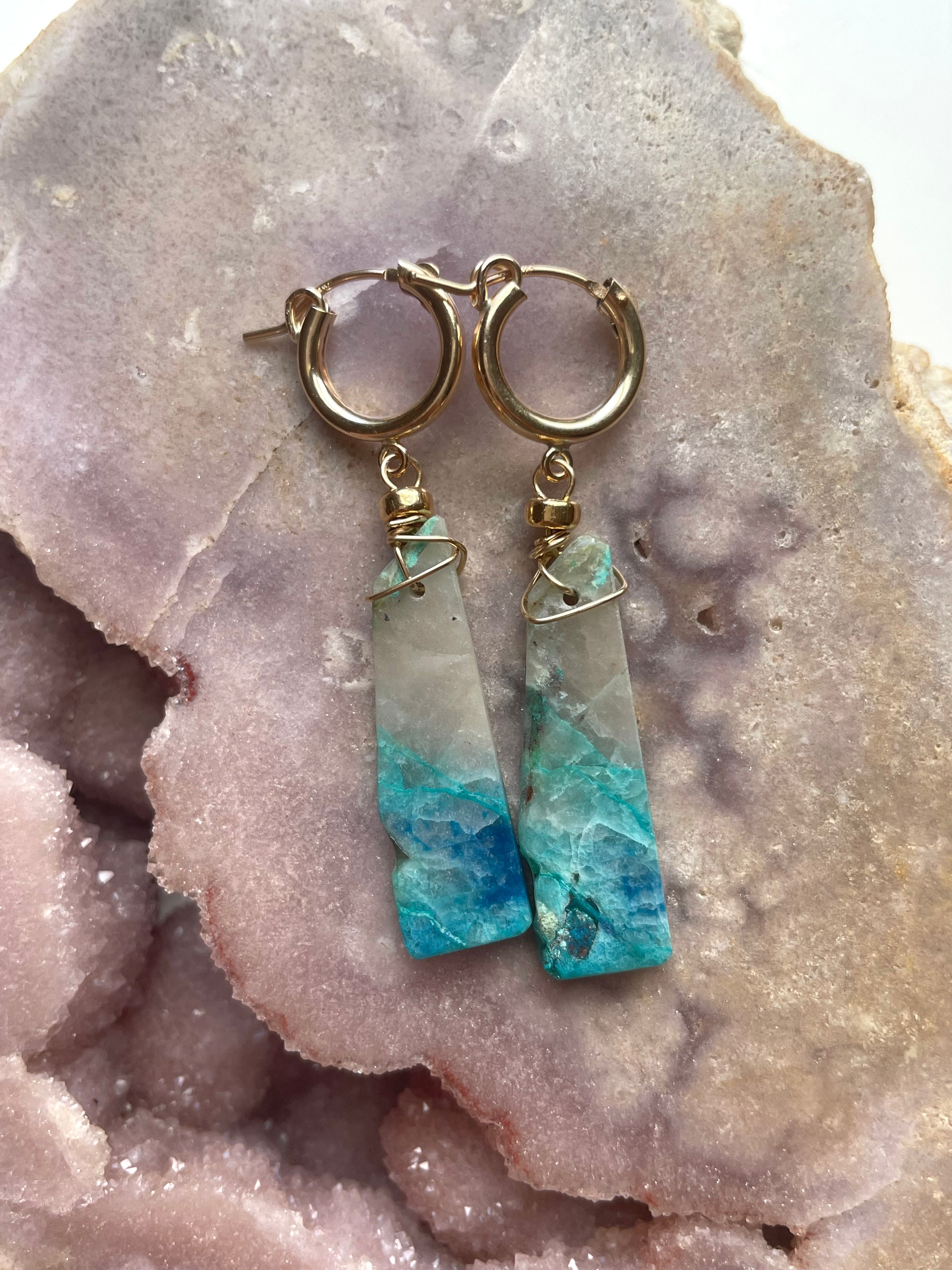 Chrysocolla Gold Filled Statement Hoop Earrings with Crystal Gemstones | Elegant Bohemian Jewelry for Women | Perfect for Parties, Weddings & Special Occasions
