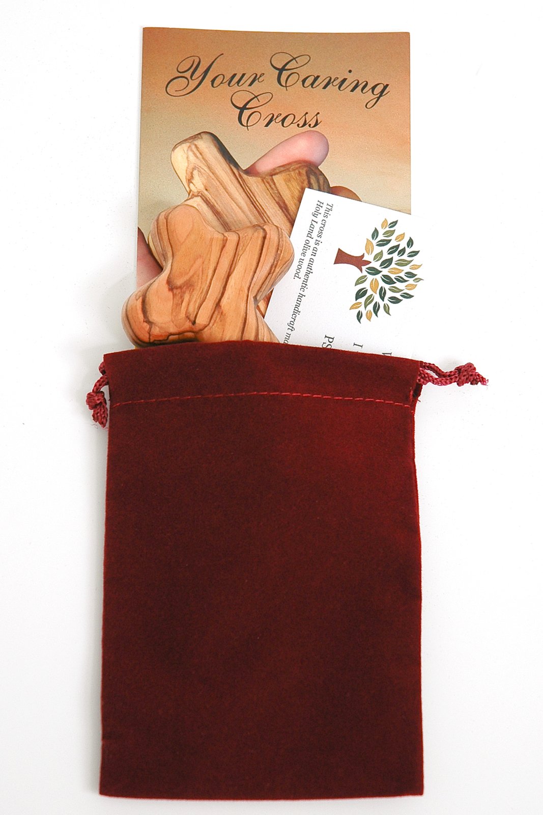50 Pack Olive Wood Holding Cross with Velvet Bag & Certificate - Religious Comfort Cross for Prayer, Meditation, Church Services & Gifts