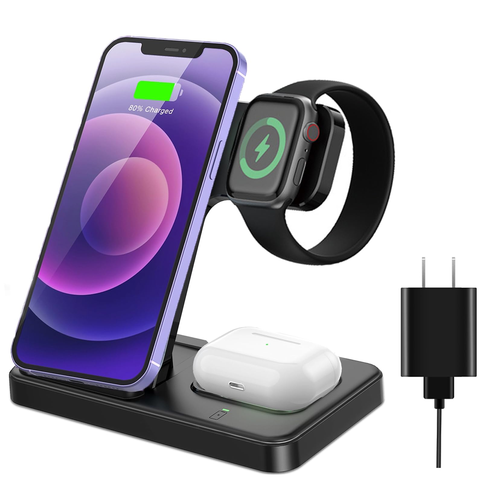 3 in 1 Wireless Charging Station for iPhone 16/15/14/13, Apple Watch & AirPods - Fast Qi-Certified Charger Stand with Night Light | Perfect for Bedside, Office Desk & Travel Accessories