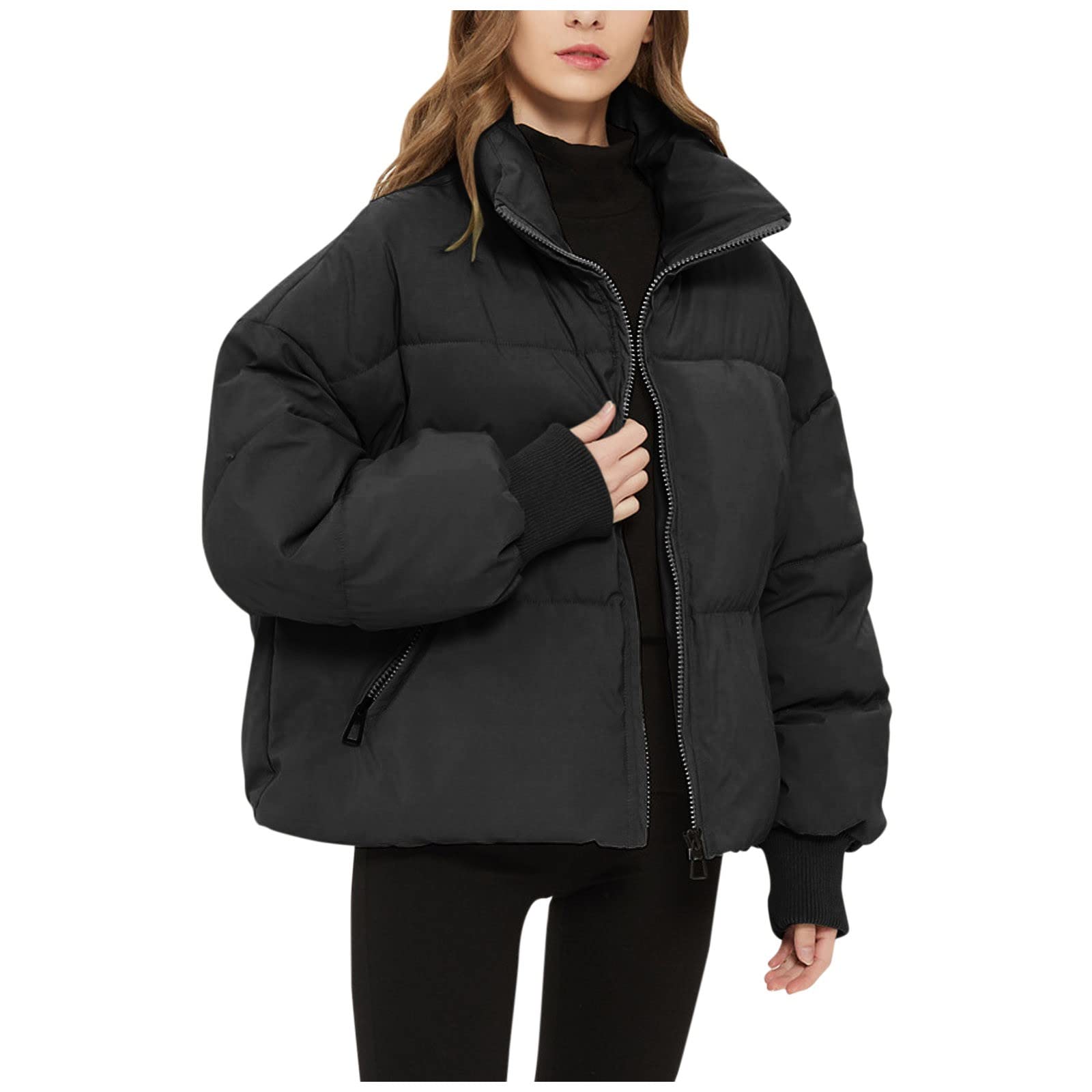 Women's Casual Long Sleeve Stand Collar Zip Up Cotton Jacket - Loose Fit Solid Color Coat for Spring Fall Outfits | Perfect for Work, Travel & Daily Wear