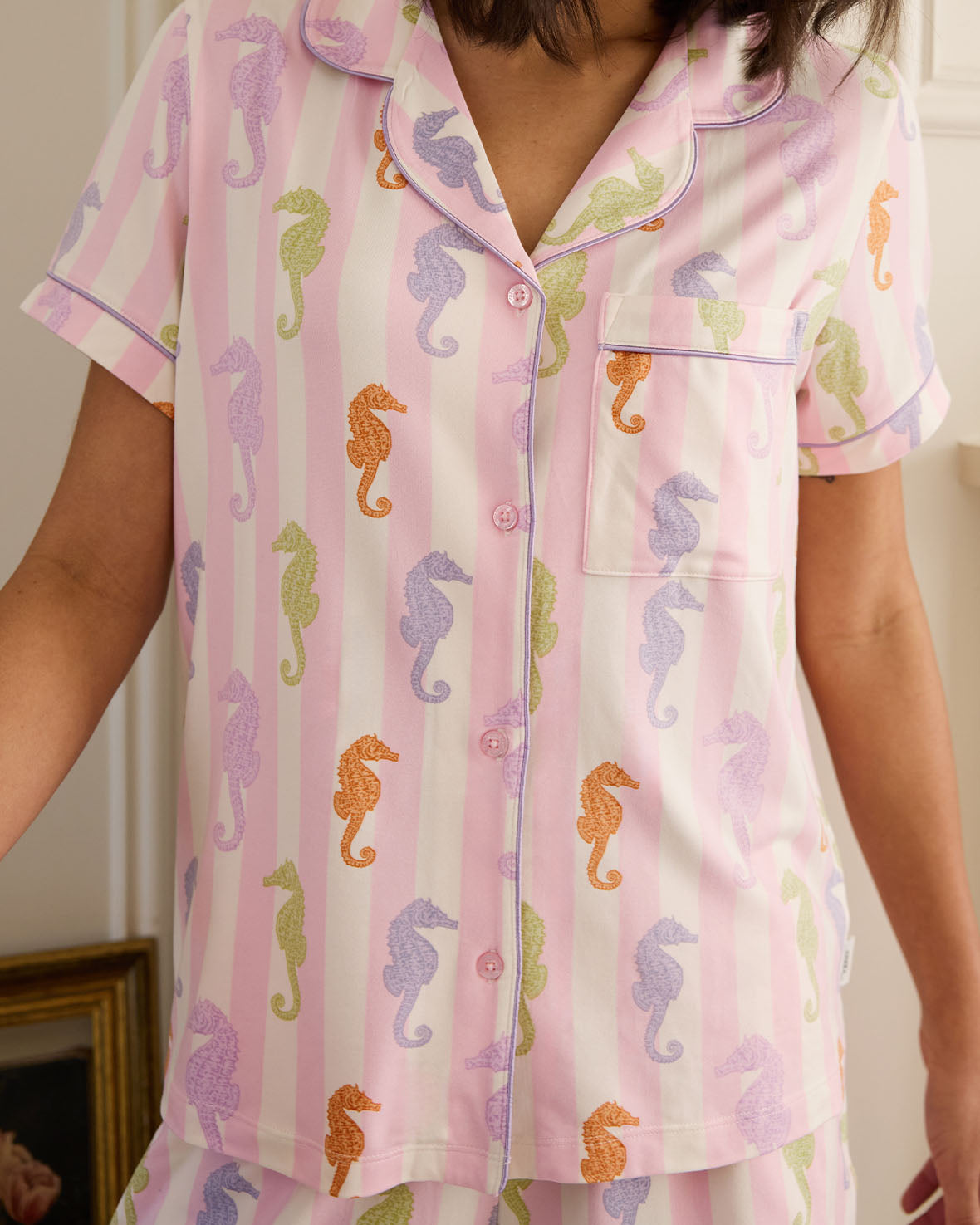 Seahorse Stripe Print Button Up Short Sleeve Pajama Set for Women - Comfortable Sleepwear for Summer Nights & Lounging at Home