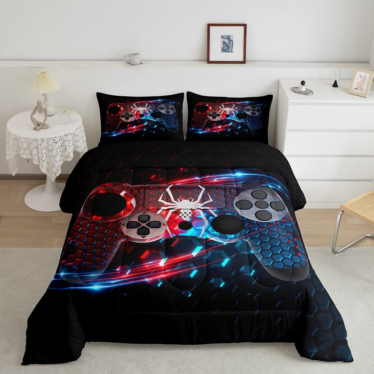 Erosebridal Boys Bedroom Set - Twin Size Honeycomb Pattern Gaming Comforter Set for Teen & Toddler Gamers | Red & Blue Themed Bedding for Kids & Teens | Perfect for Gaming Rooms, Sleepovers & Boys Bedroom Decor