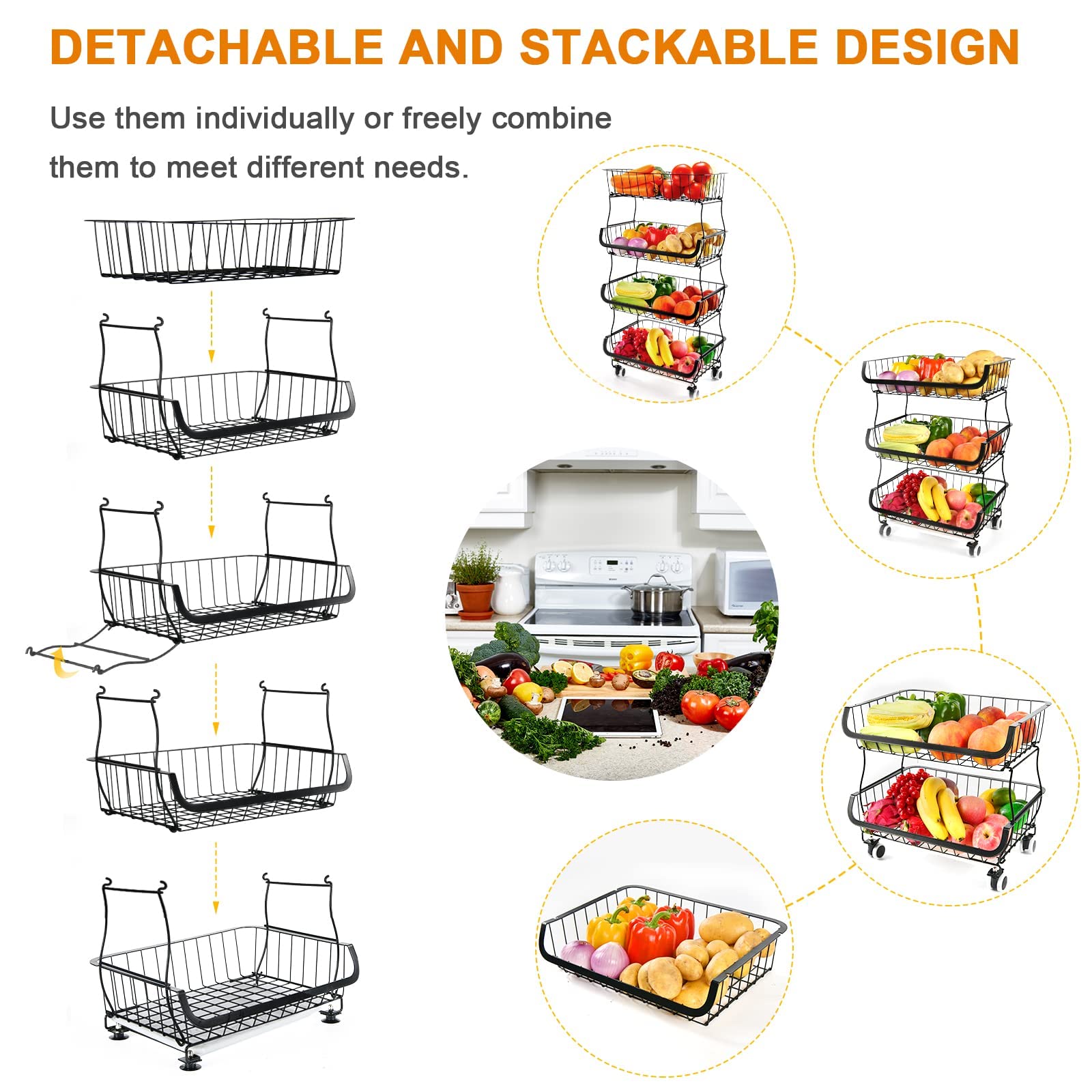 5-Tier Stackable Metal Wire Storage Basket with Wheels - Fruit & Vegetable Organizer for Kitchen, Pantry, Bathroom - Perfect for Fresh Produce Storage, Grocery Organization, and Home Decor