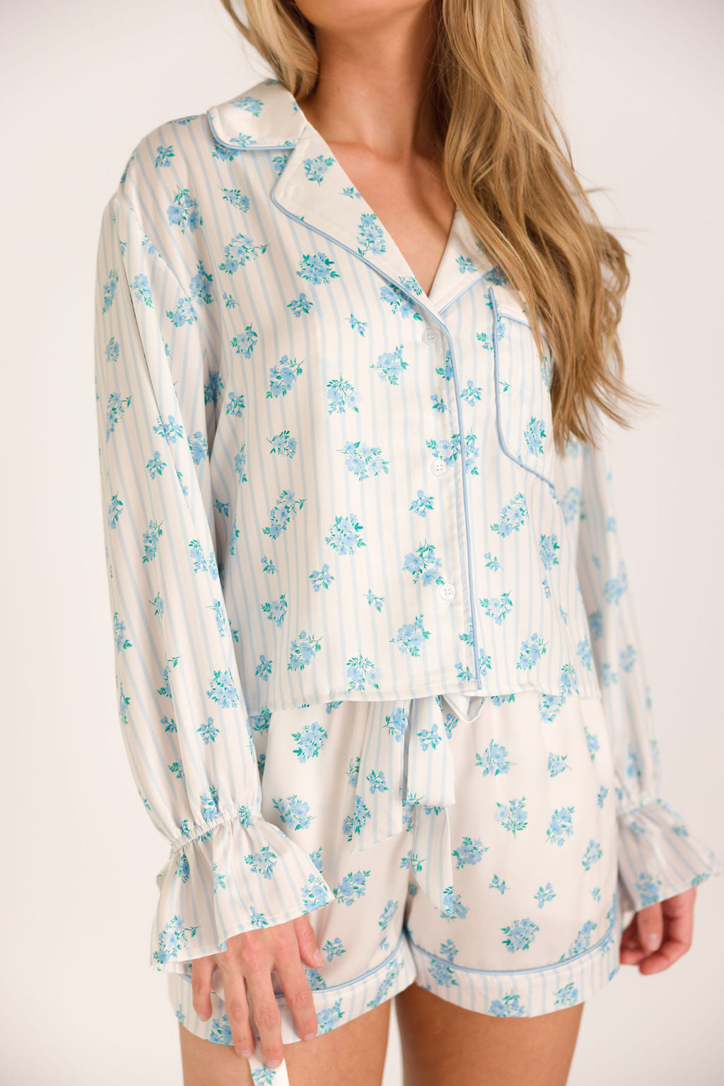 Lottie Women's Satin Pajama Set - Floral & Striped Sleepwear in White & Blue | Soft Comfortable Nightwear for Lounge, Sleep & Relaxation at Home
