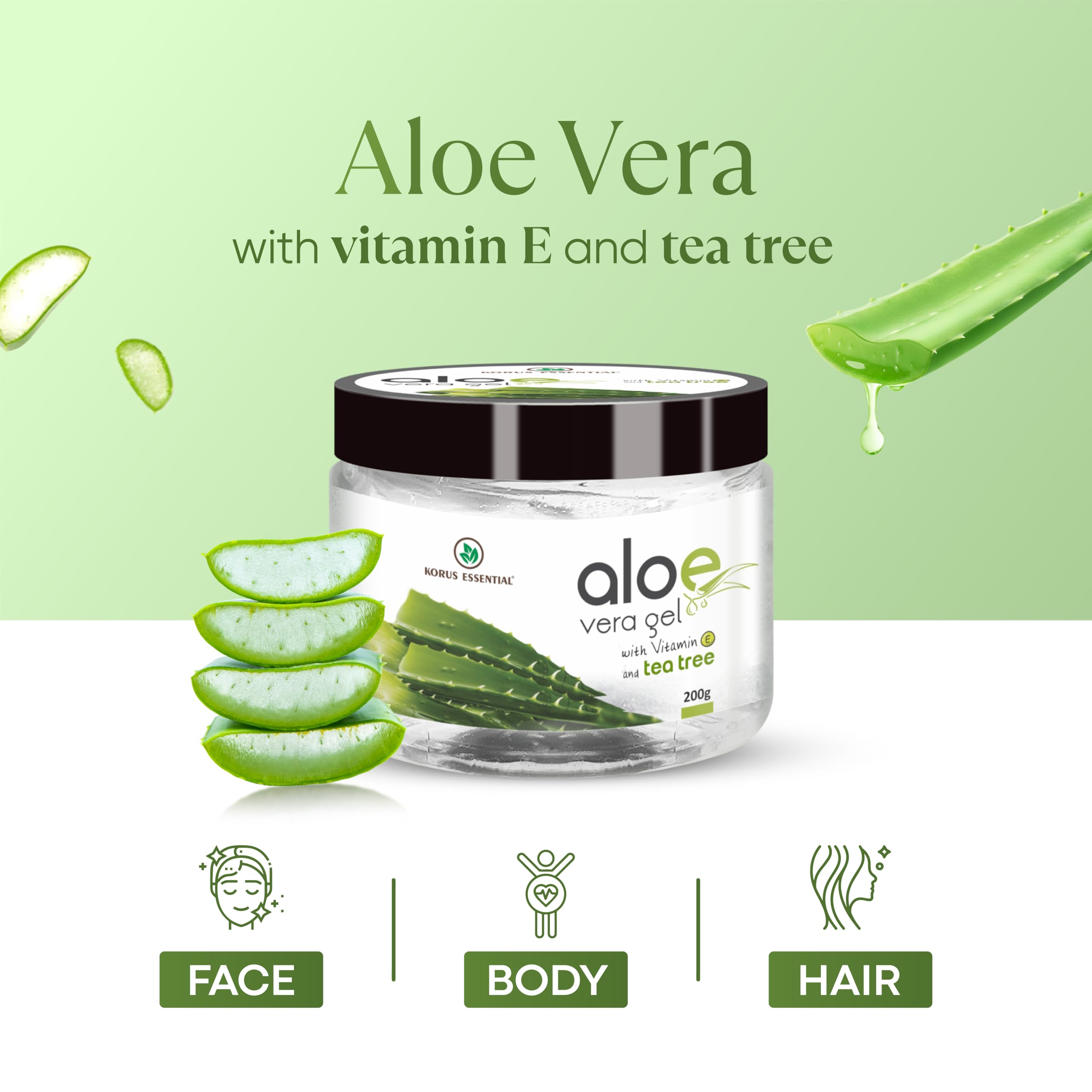 Korus Aloe Vera Gel with Tea Tree Oil - 200g Multipurpose Skin & Hair Care Gel | Moisturizing, Cooling for Sunburn Relief, Acne Treatment, Scalp Hydration | Perfect for After-Sun Care, Daily Skincare & Hair Conditioning