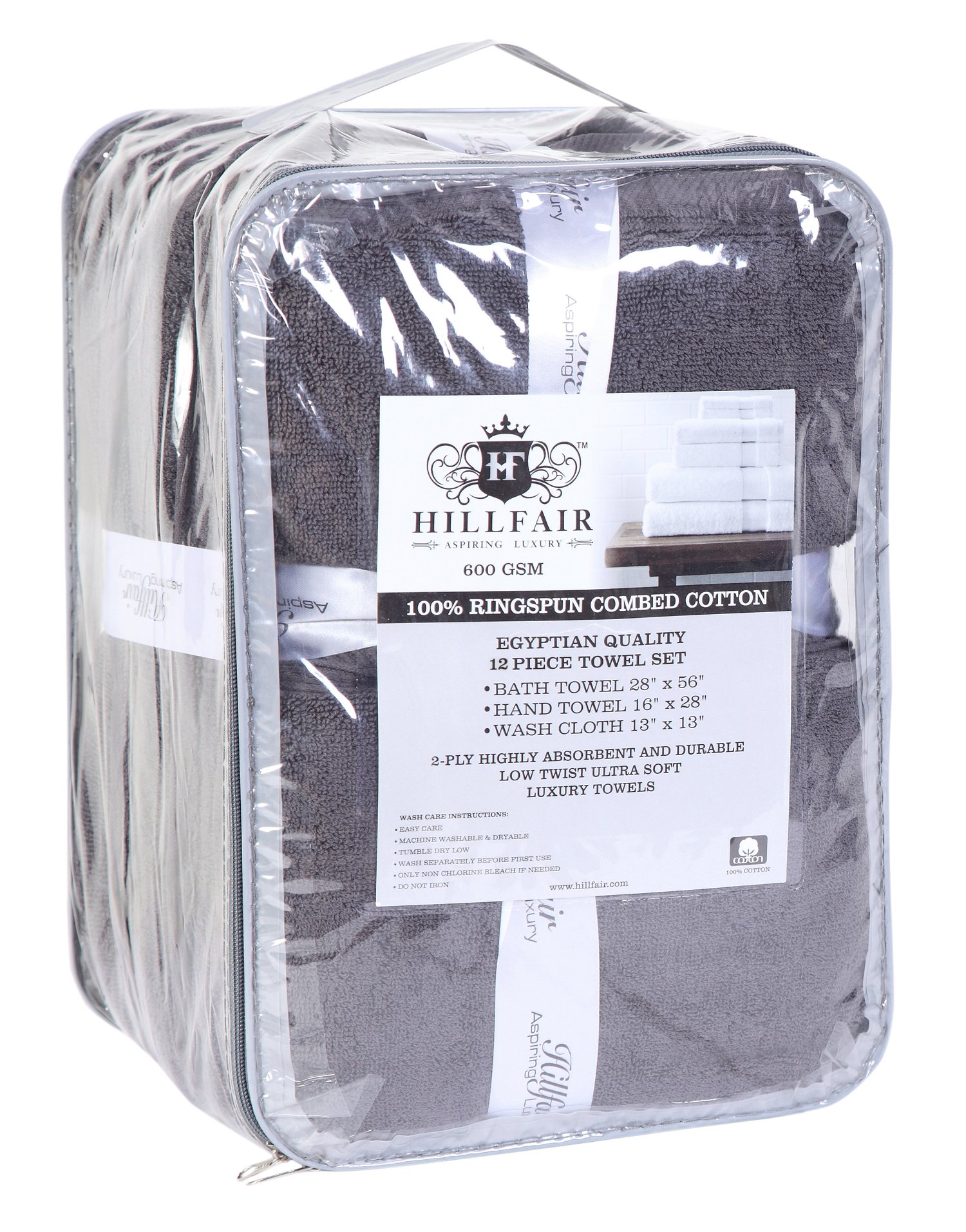 Premium 12-Piece 600 GSM Cotton Bath Towel Set - Ultra Soft & Absorbent Hotel & Spa Towels (2 Bath, 4 Hand, 6 Washcloths) - 100% Cotton Luxury Bathroom Towels for Home, Gym & Spa - Grey