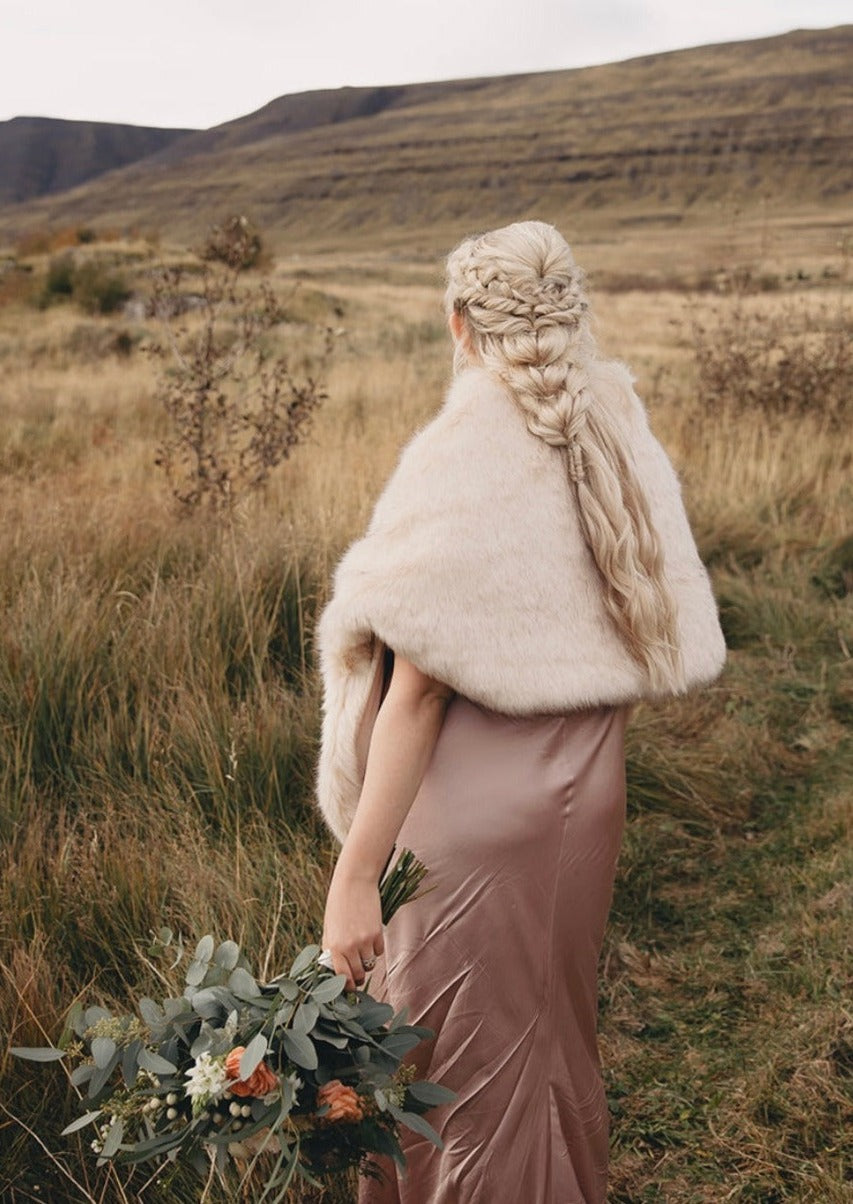 Butterfly Blu03 Blush Beige Fur Shawl Wrap - Soft Elegant Women's Fashion Scarf for Winter Weddings & Evening Events