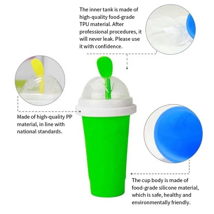 **Quick Frozen Magic Slushy Maker Cup - Portable Smoothie & Ice Cream Cup with Spoon & Straw (Green) - Perfect for Summer Drinks, Kids Snacks & Party Treats**