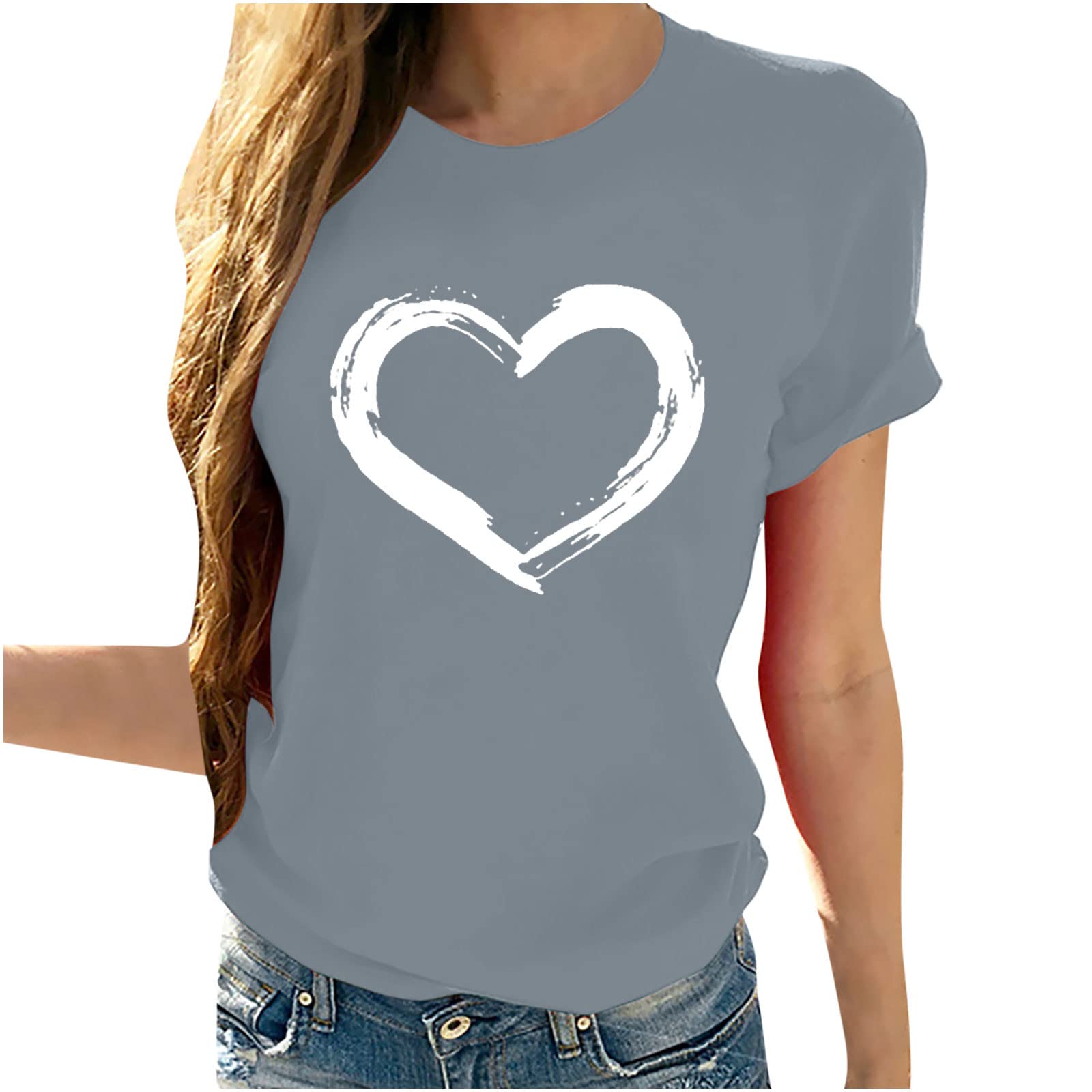 Women's Cute Heart Graphic Summer Short Sleeve T-Shirt - Casual Round Neck Tee for Juniors & Teens | Perfect for Beach Outings, Date Nights & Everyday Wear