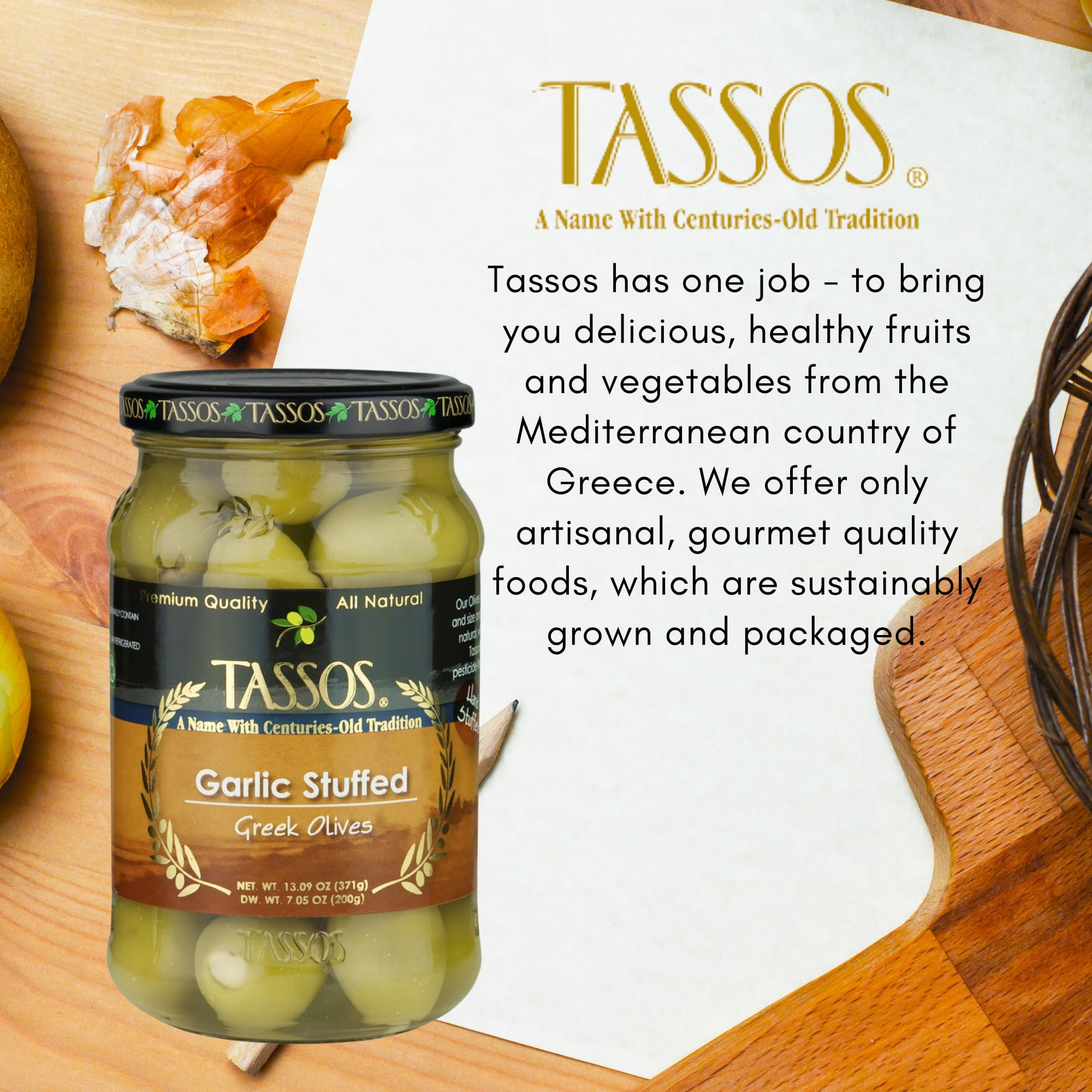 Tassos Garlic Stuffed Green Olives - 13 oz Jar | Premium Mediterranean Snack for Charcuterie Boards, Salads & Cocktails