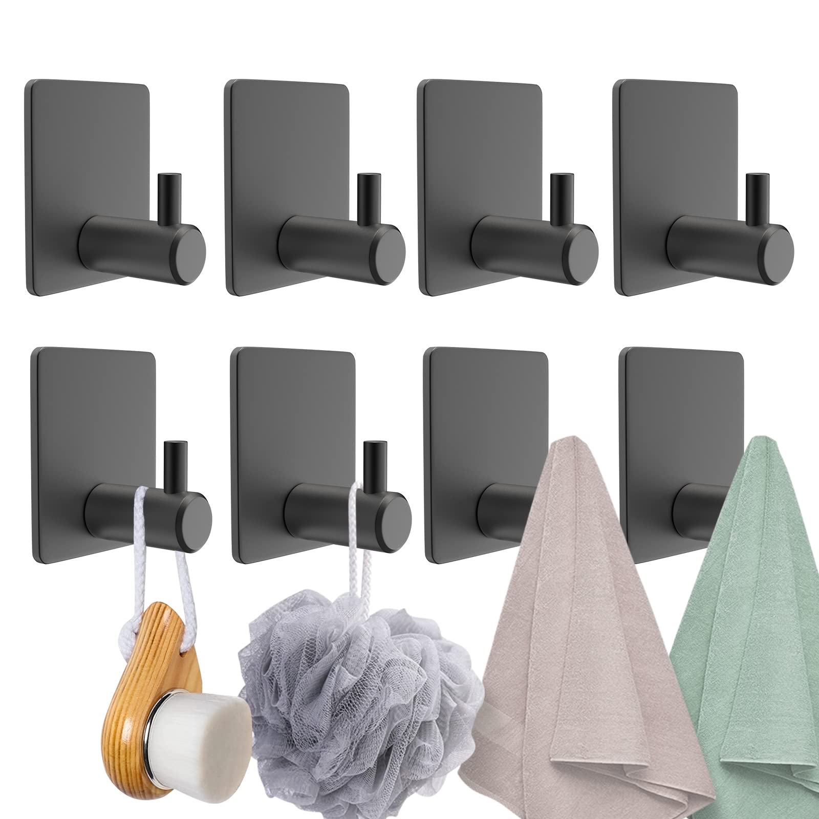 HUFEEOH Adhesive Towel Hooks - 8 Pack Black Stick on Hooks for Bathroom, Kitchen, Bedroom, Hotel & Wall Mounting - Strong Adhesive Hangers for Towels, Robes & Home Organization - Perfect for Small Spaces & Rentals