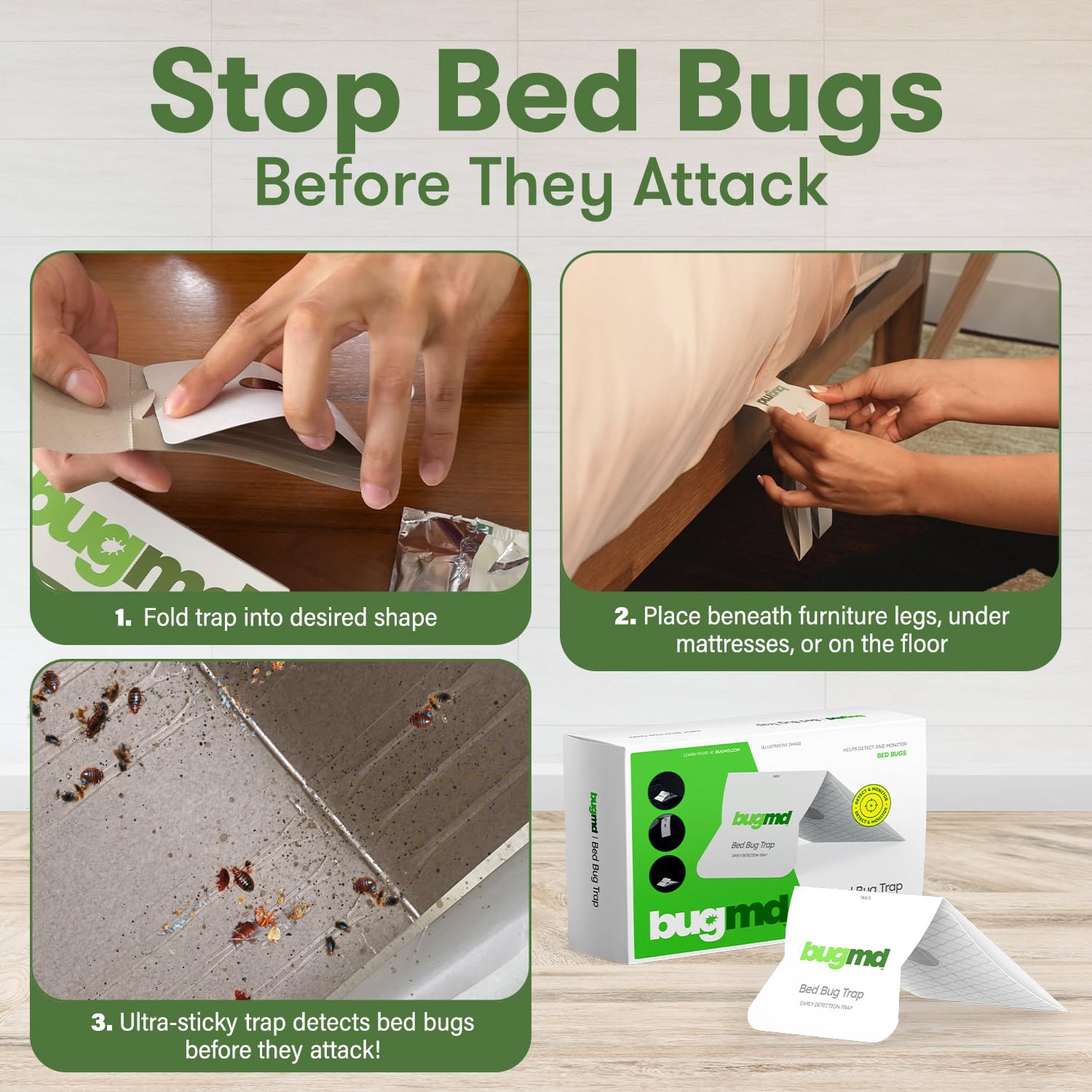 BugMD Bed Bug Trap (1 Pack, 12 Traps) - Effective Bed Bug Interceptors & Sticky Glue Traps for Indoor Pest Control | Prevent & Monitor Bed Bugs in Mattresses, Furniture & Homes