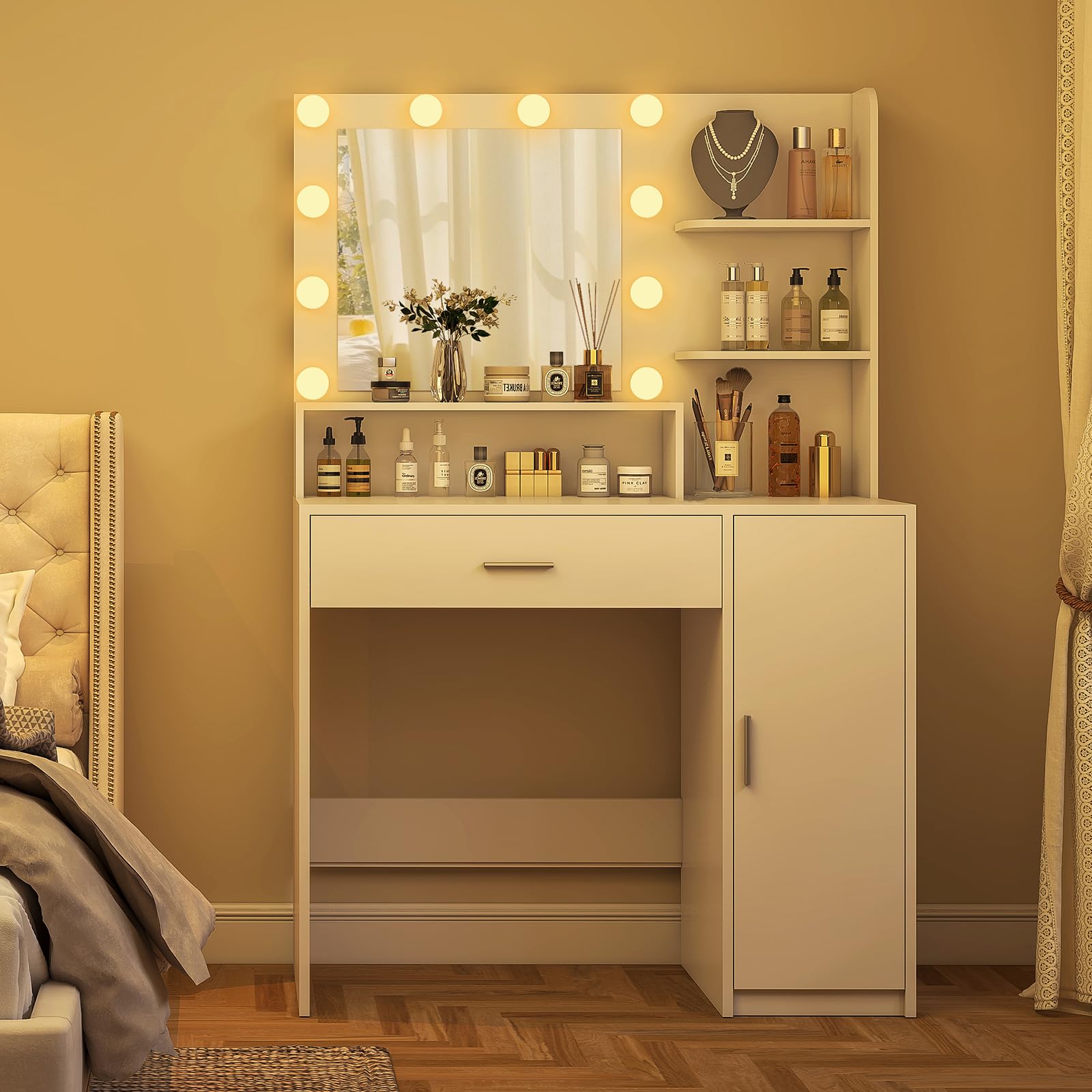 Quimoo Vanity Desk with Mirror & Lights - 3 Colors, Adjustable Brightness for Bedroom Makeup