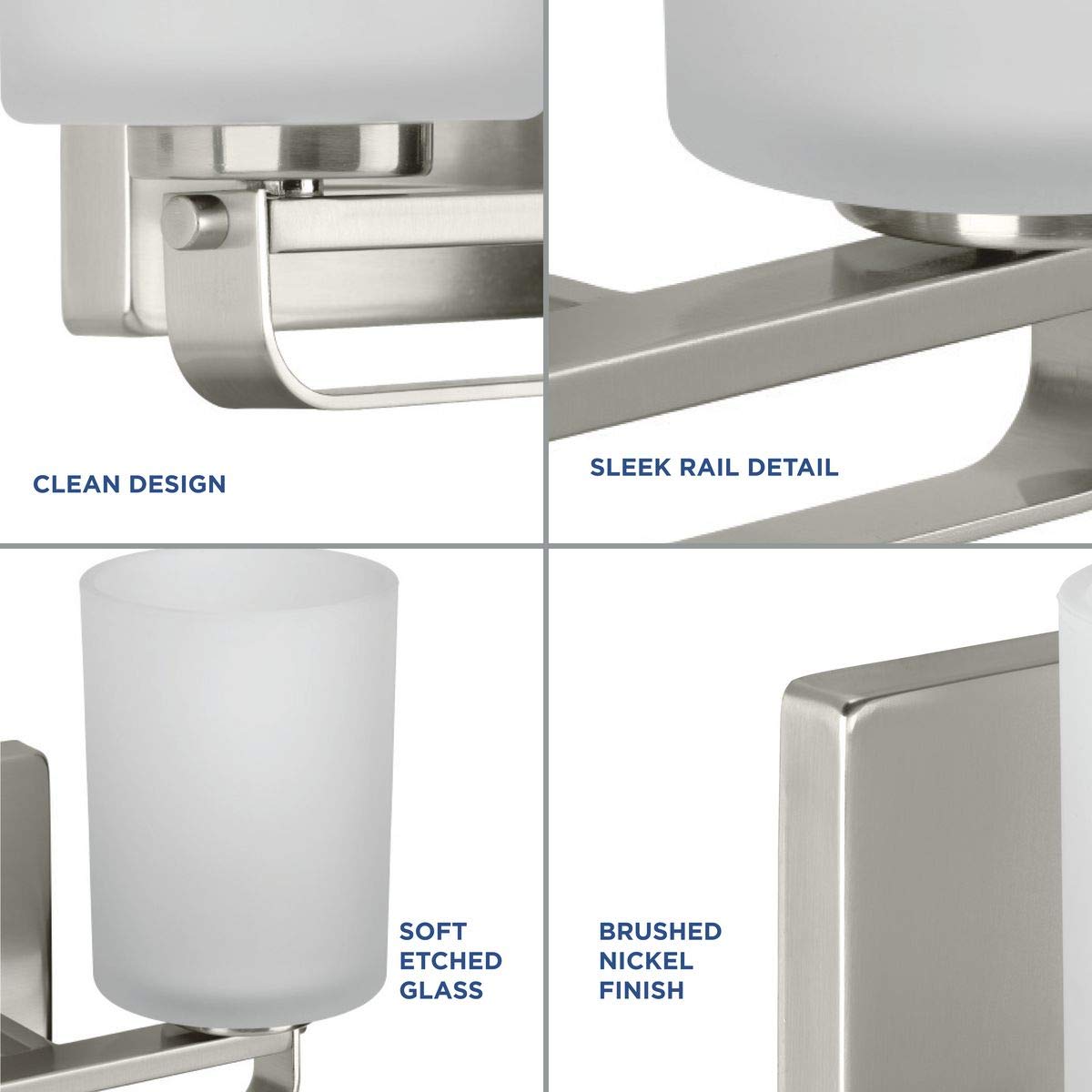 Progress Lighting League Collection 4-Light Modern Farmhouse Bathroom Vanity Light - Brushed Nickel Finish with Etched Glass Shades - Perfect for Bathroom, Powder Room, and Dressing Area Lighting