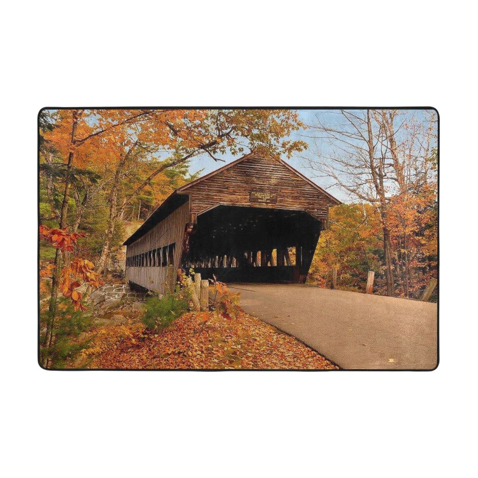 Albany Covered Bridge Print Area Rug - Modern Non-Slip Carpet for Living Room, Dining Room, Kitchen, Office, Balcony, Bedroom & Entryway - Perfect for Home Decor, Floor Protection and Cozy Interior Design