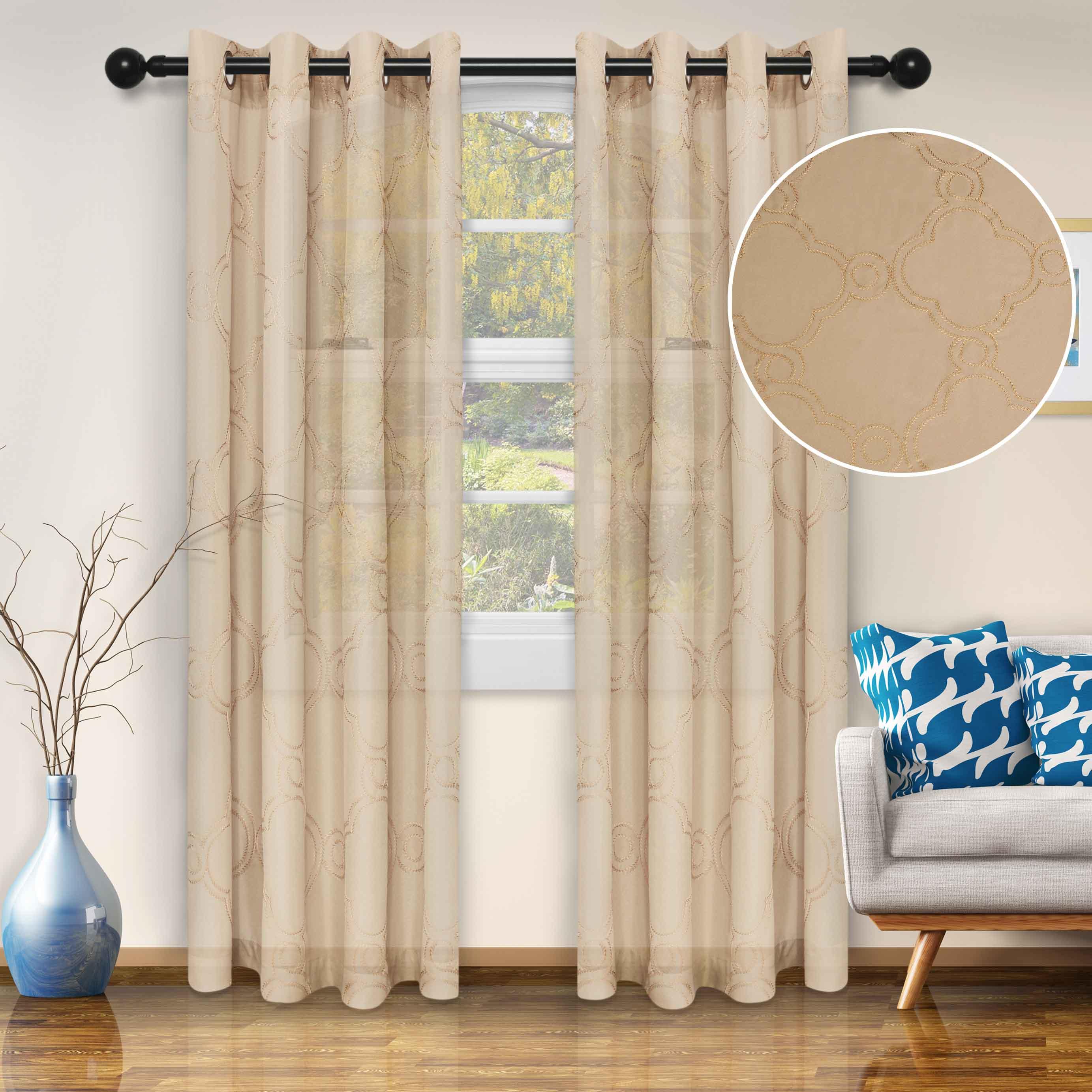 Embroidered Moroccan Trellis Sheer Grommet Curtain Panel Set - Elegant Window Treatment for Living Room, Bedroom & Dining Room