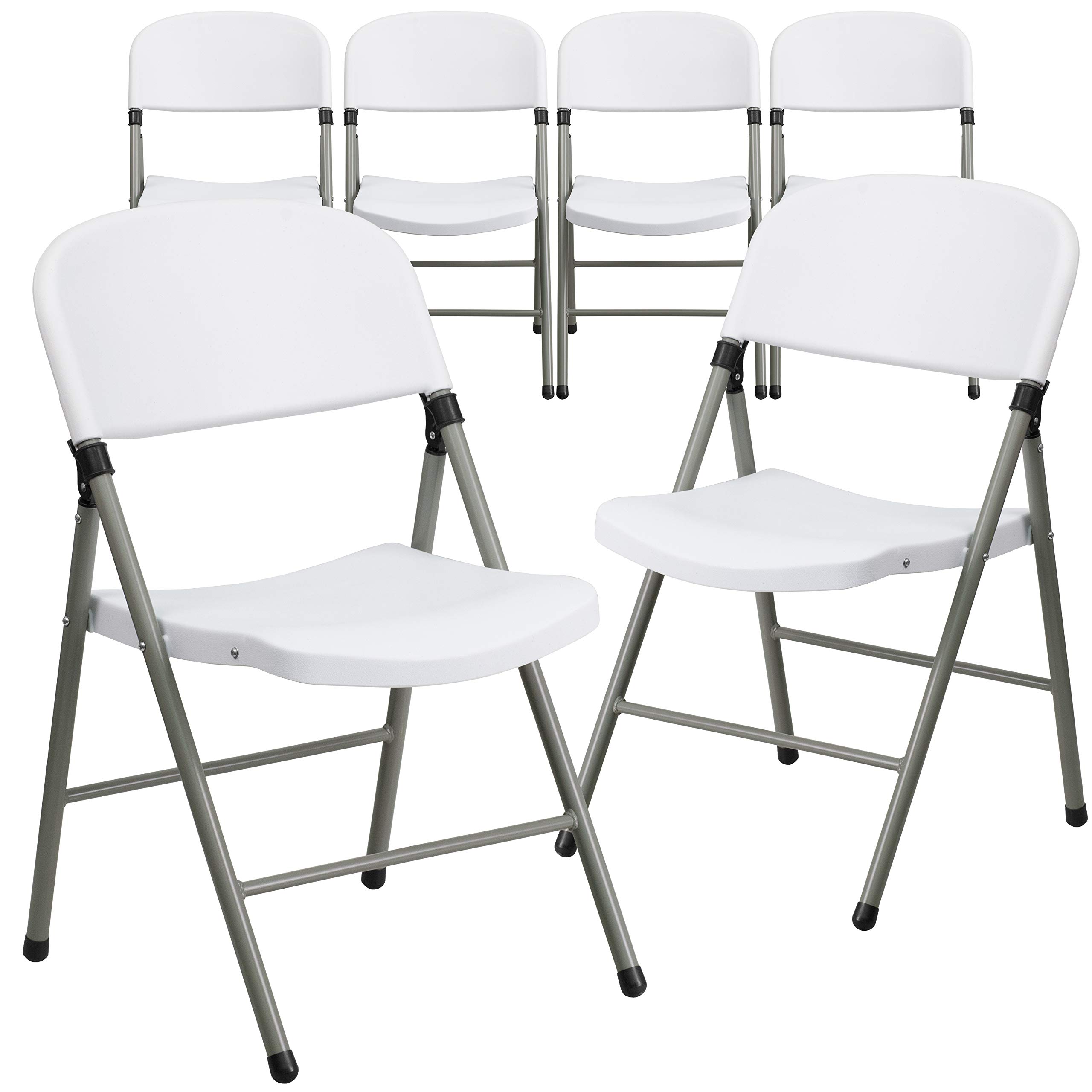 6 Pack Heavy Duty White Plastic Folding Chairs with Gray Frame - 330 lb Capacity - Event, Wedding, Party & Outdoor Chairs for Indoor/Outdoor Use