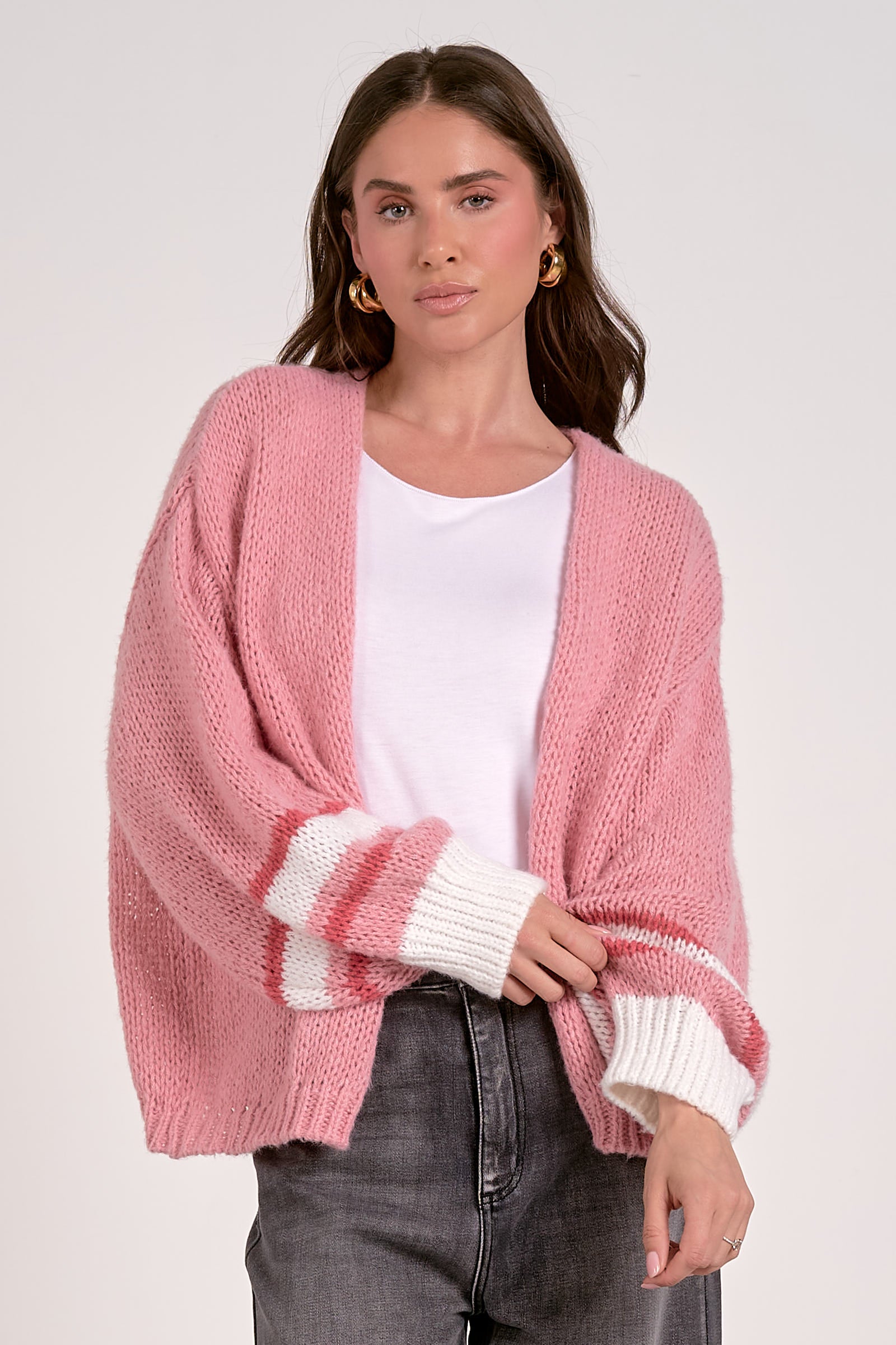 Women's Varsity Open Front Sweater Cardigan - Soft Pink Knit Long Sleeve Lightweight Pullover for Casual Outfits & Layering in Fall/Winter