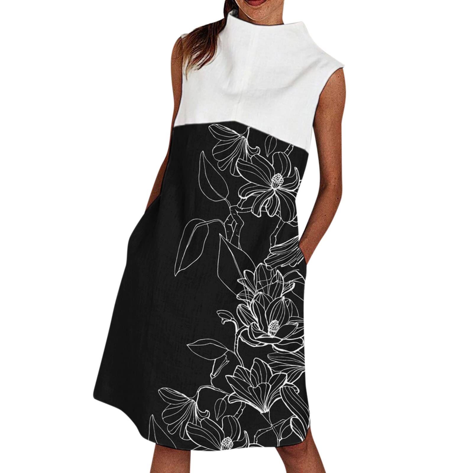2022 Women's Spring Floral Print Casual Turtleneck Sleeveless Knee-Length Loose Dress - Perfect for Office Wear, Weekend Outings & Spring Parties