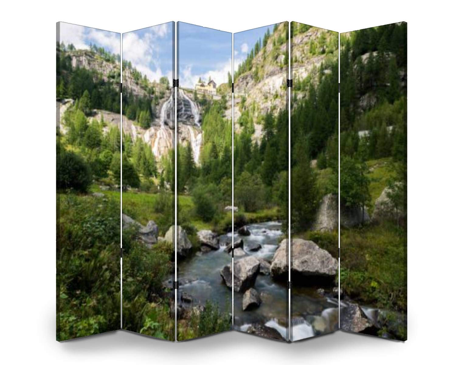 6-Panel Wooden Room Divider with Italian Waterfall Landscape Print - Dual-Sided Folding Privacy Screen for Indoor/Outdoor Use | Perfect for Home Office, Bedroom Partition & Decorative Wall Display